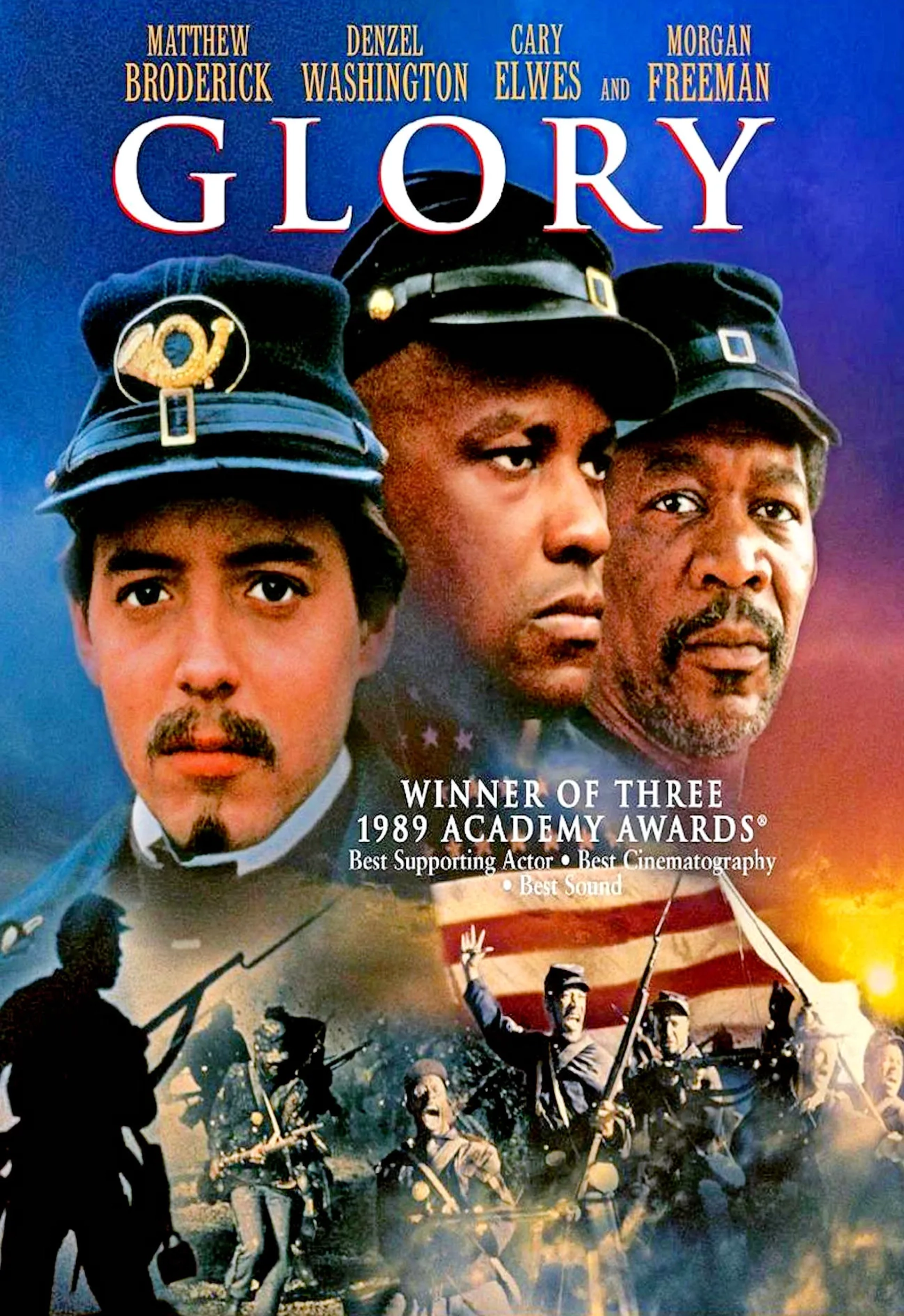 Matthew Broderick, Morgan Freeman, and Denzel Washington in Glory (1989)