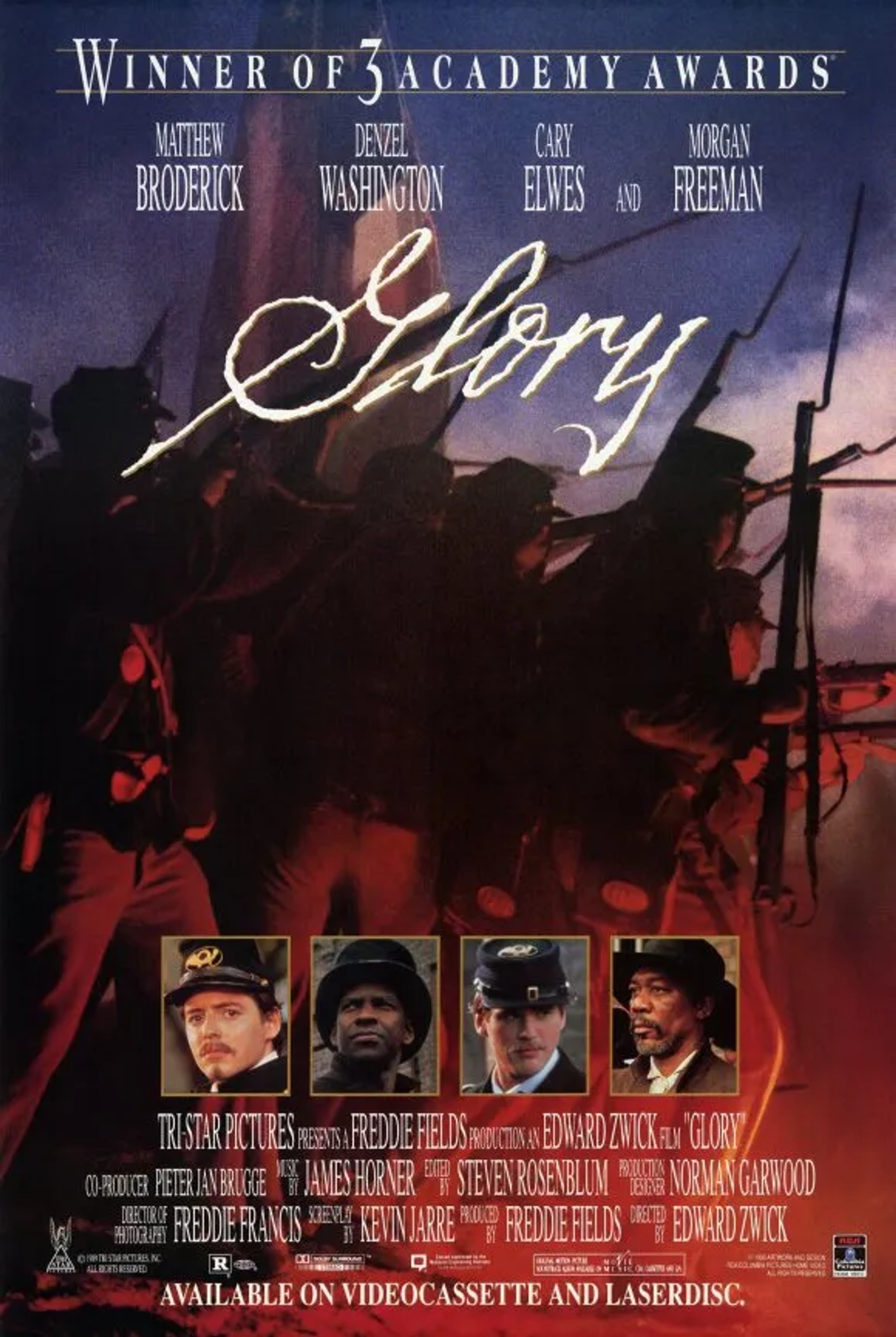 Matthew Broderick, Cary Elwes, Morgan Freeman, and Denzel Washington in Glory (1989)