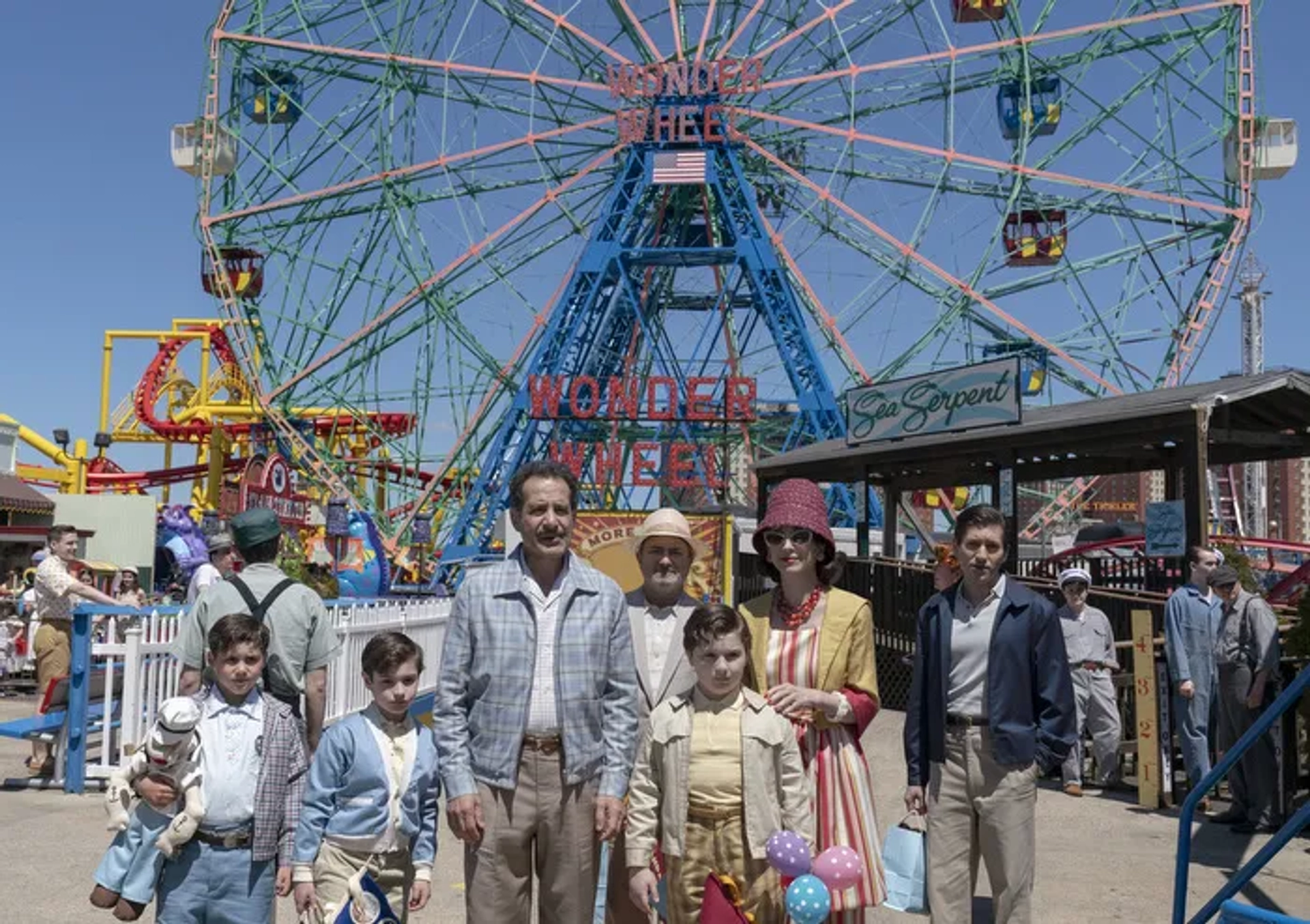 Kevin Pollak, Tony Shalhoub, Marin Hinkle, Michael Zegen, Joshua Satine, and Matteo Pascale in The Marvelous Mrs. Maisel: Rumble on the Wonder Wheel (2022)