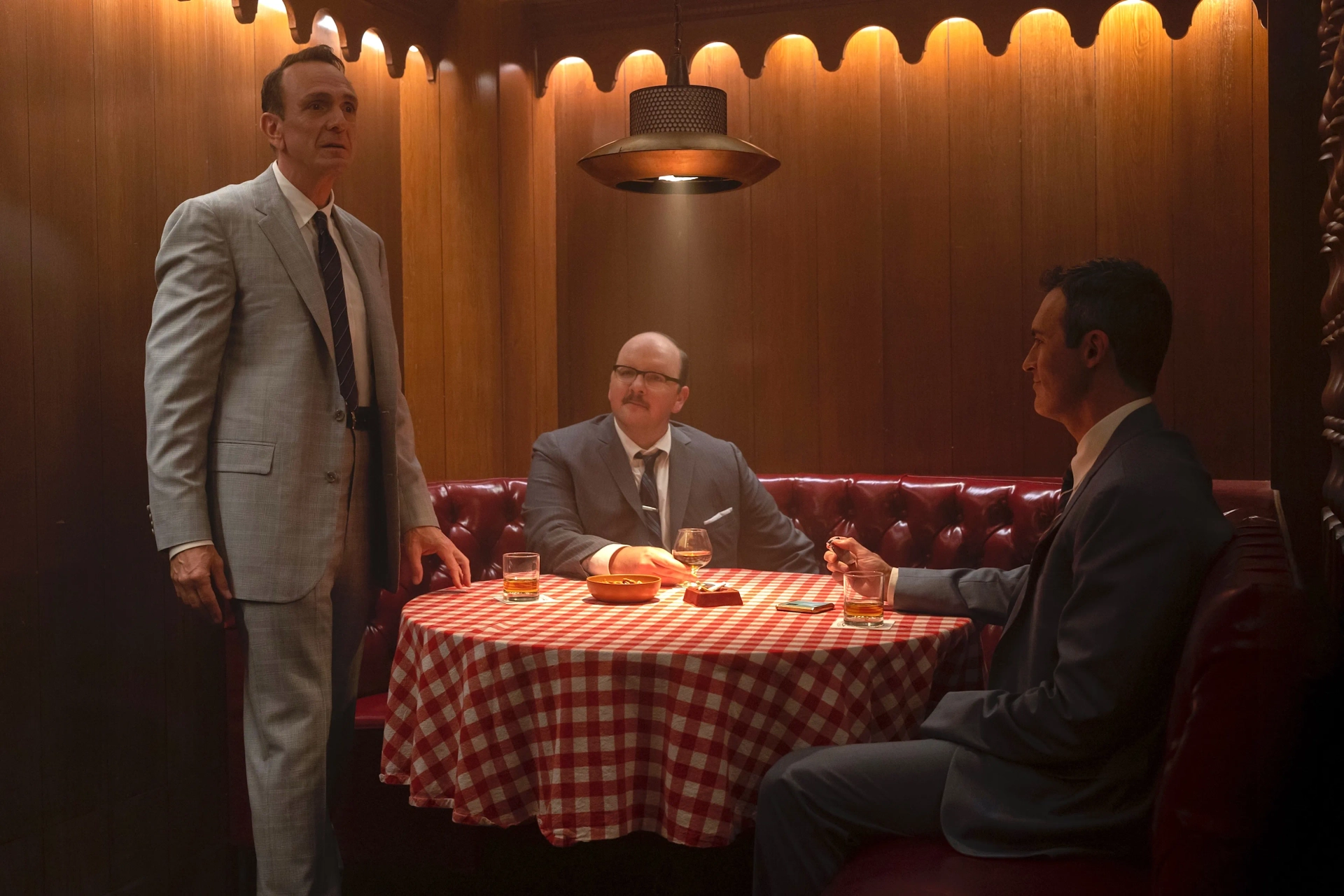 Hank Azaria as Danny Stevens with Austin Basis as Alvin Blank and Reid Scott as Gordon Ford at Toots Shor's (from Season 5, Episode 7 of "The Marvelous Mrs. Maisel")