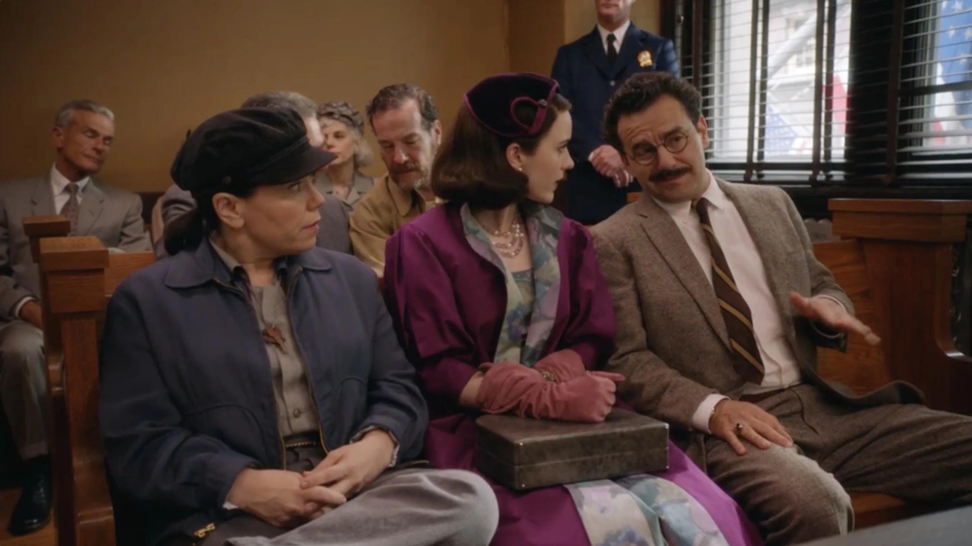 Alex Borstein, Max Casella, and Rachel Brosnahan in The Marvelous Mrs. Maisel (2017)