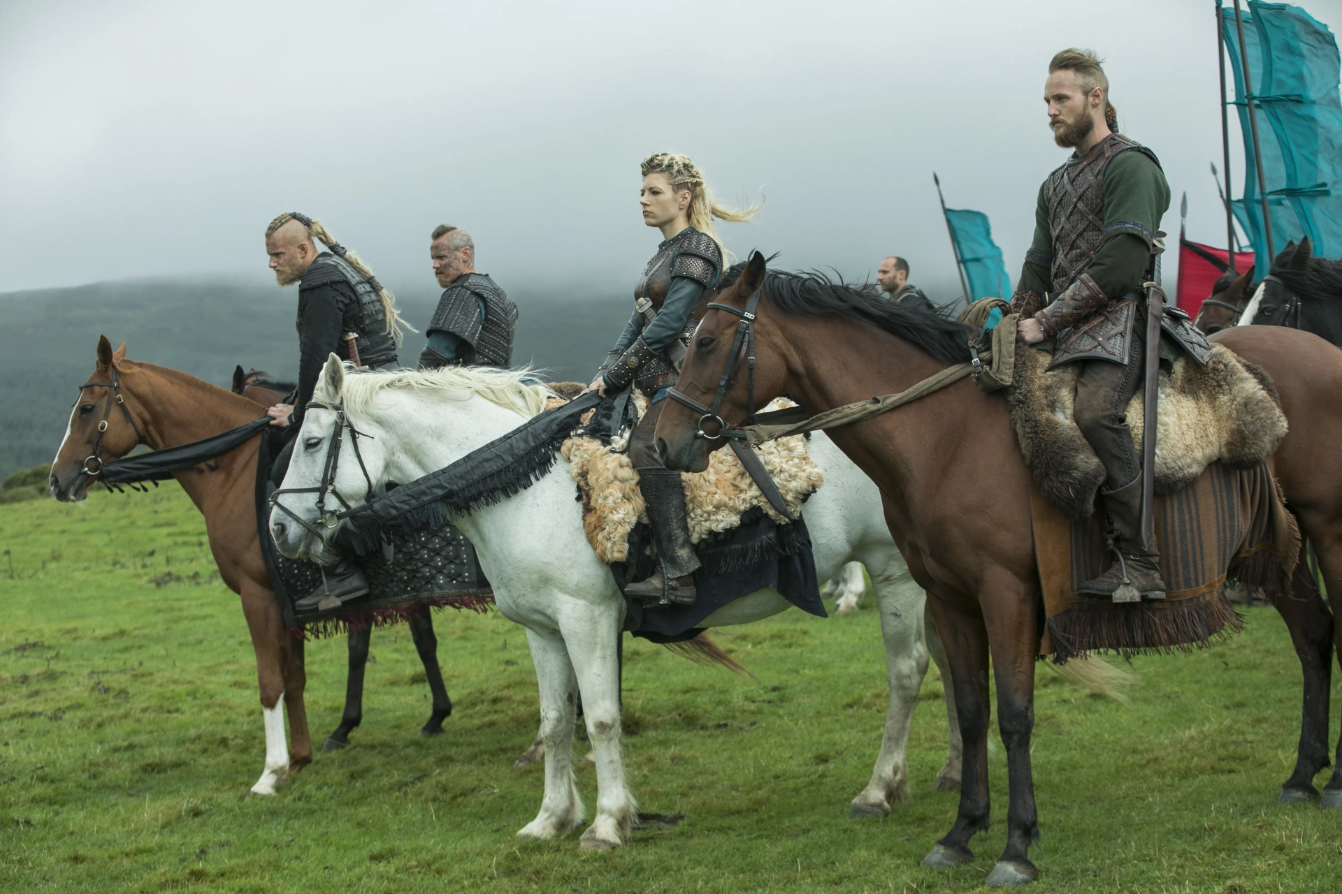 Jasper Pääkkönen, Katheryn Winnick, Alexander Ludwig, and Jordan Patrick Smith in Vikings (2013)