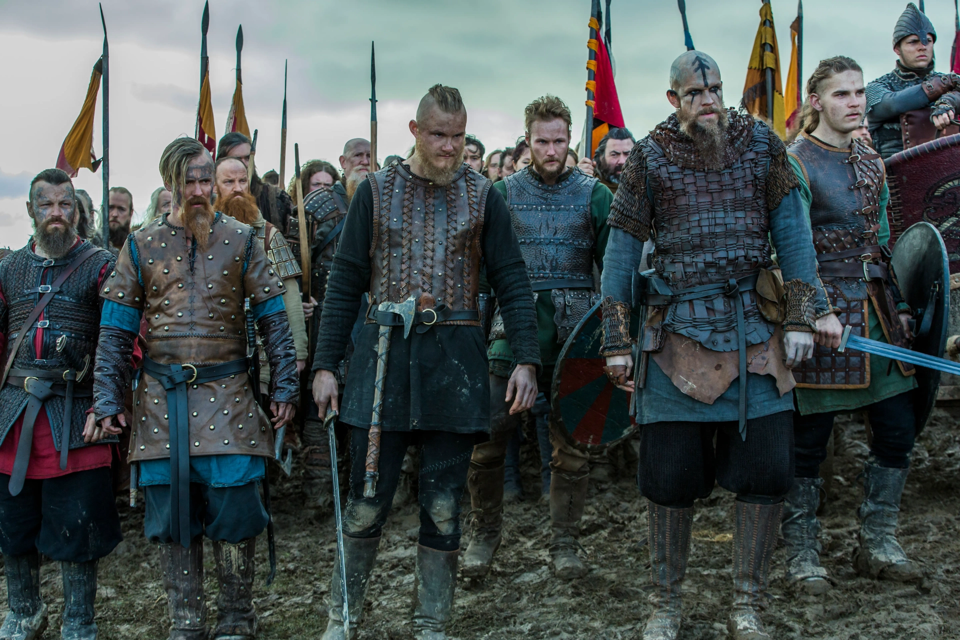 Peter Franzén, Jasper Pääkkönen, Gustaf Skarsgård, Alexander Ludwig, Jordan Patrick Smith, Marco Ilsø, and Alex Høgh Andersen in Vikings (2013)