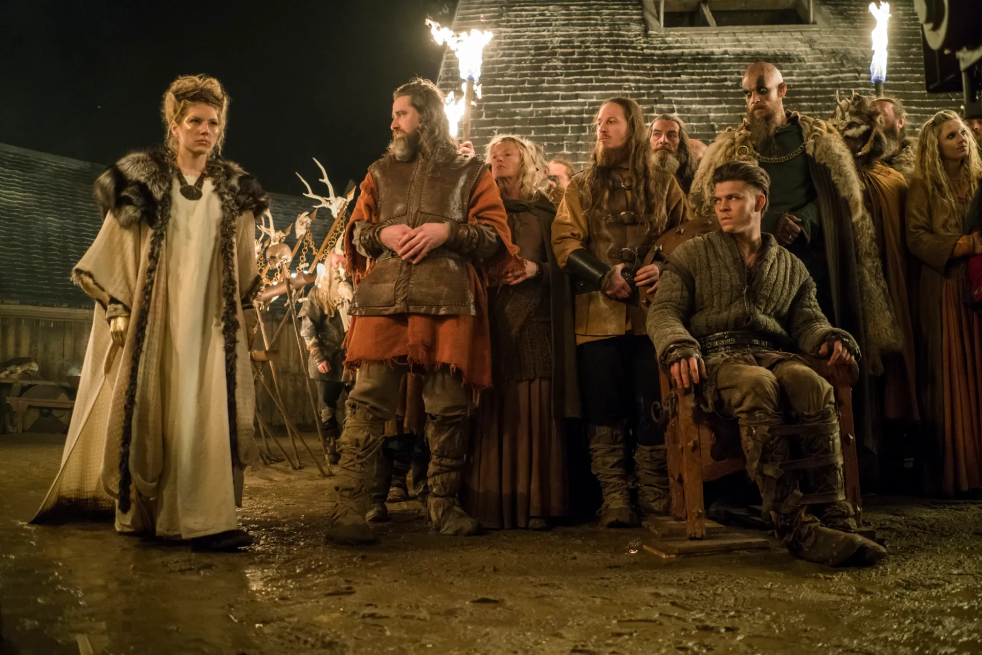 Gustaf Skarsgård, Katheryn Winnick, Maude Hirst, and Alex Høgh Andersen in Vikings (2013)