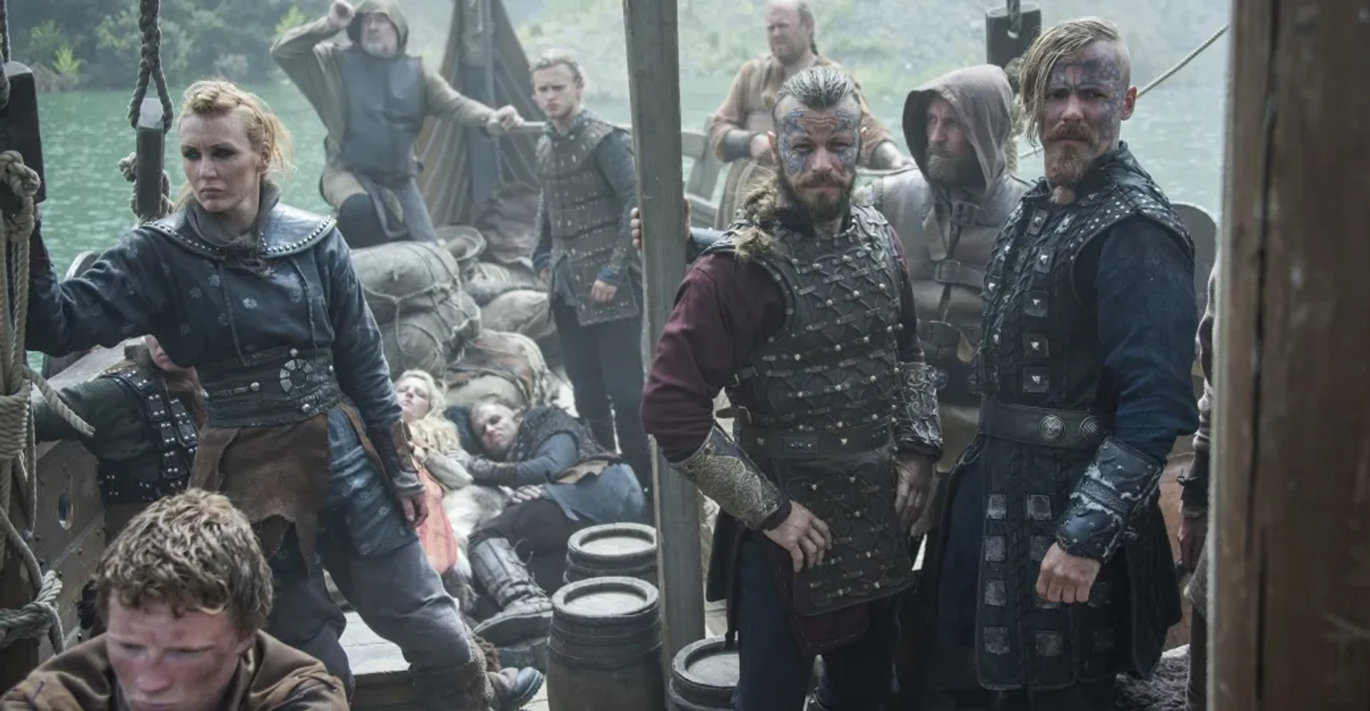 Peter Franzén, Jasper Pääkkönen, Gustaf Skarsgård, Maude Hirst, and Edvin Endre in Vikings (2013)