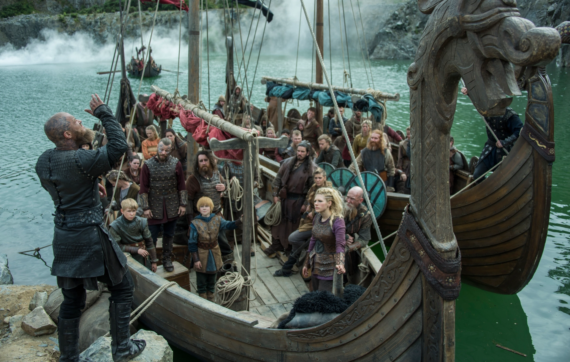 Peter Franzén, Katheryn Winnick, Katie Castle, Amy Donnelly, Lisa Watson, Travis Fimmel, Dianne Doan, Edvin Endre, Georgia Hirst, Kristine Kenina, Luke Shanahan, and Stephen Rockett in Vikings (2013)