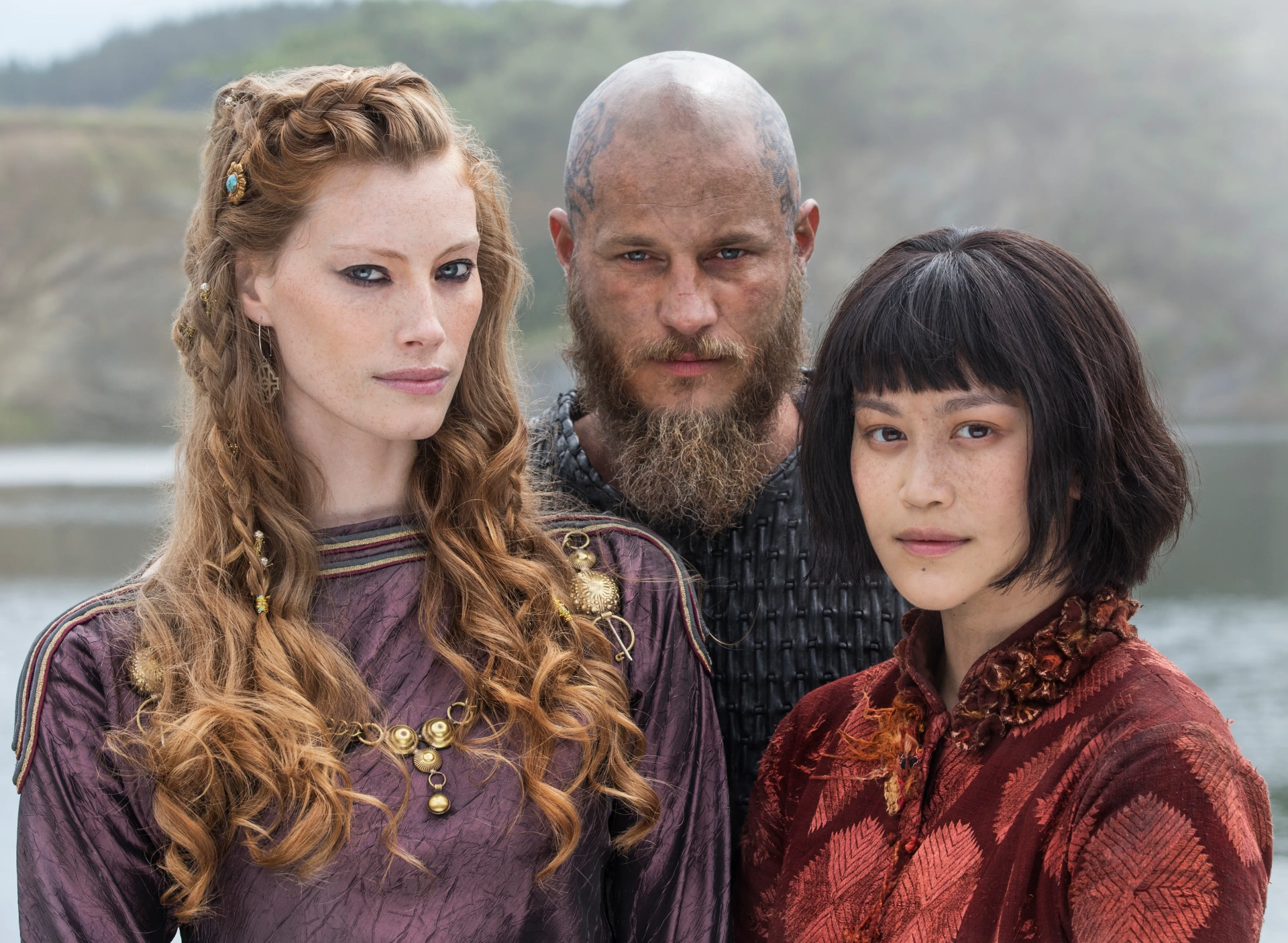 Travis Fimmel, Alyssa Sutherland, and Dianne Doan in Vikings (2013)