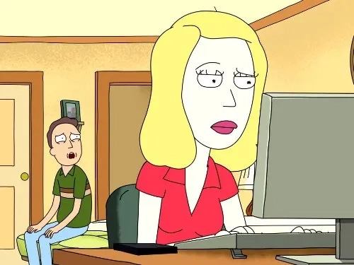 Sarah Chalke and Chris Parnell in Rick and Morty (2013)