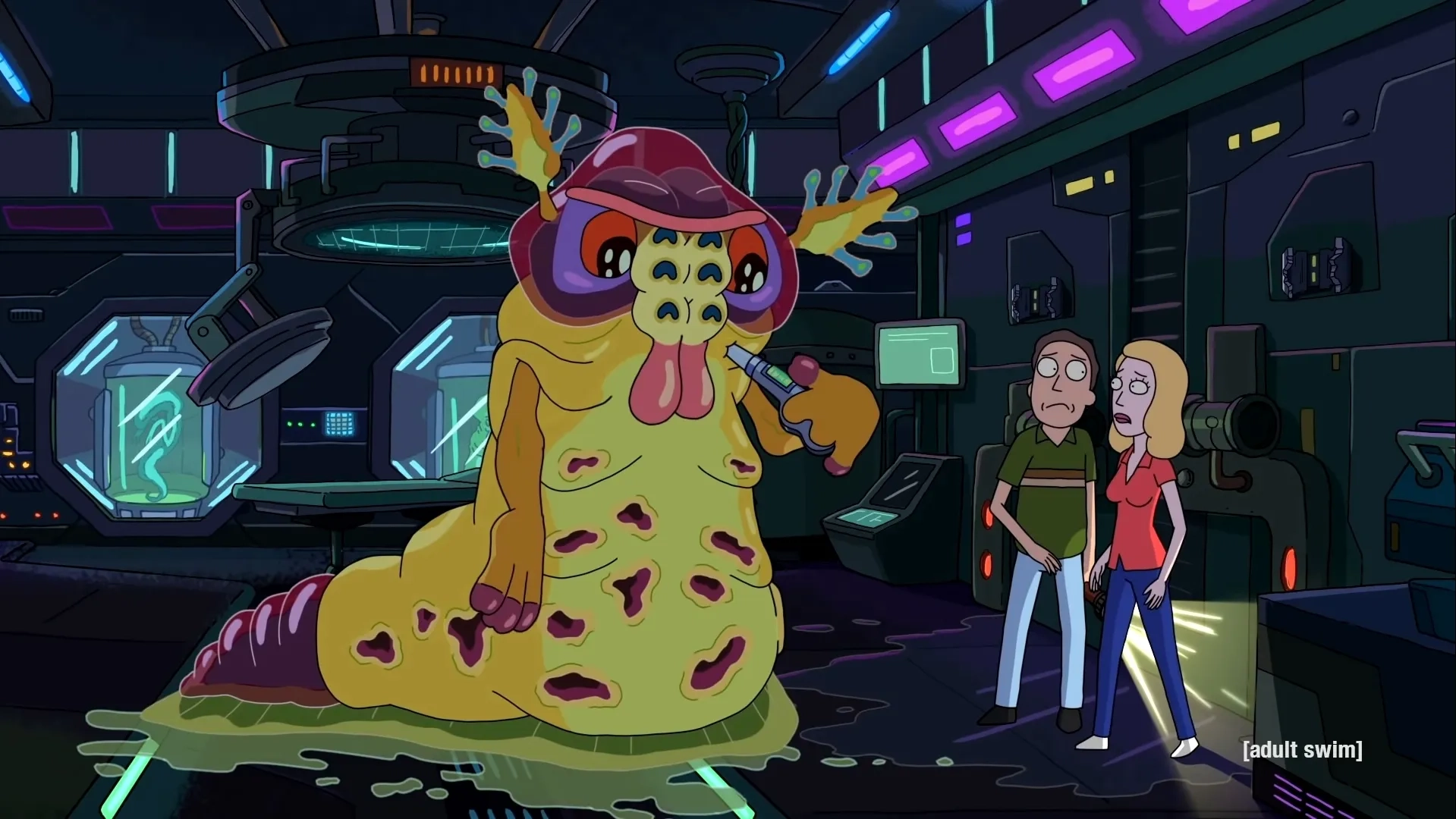 Sarah Chalke, John Kassir, and Chris Parnell in Rick and Morty (2013)