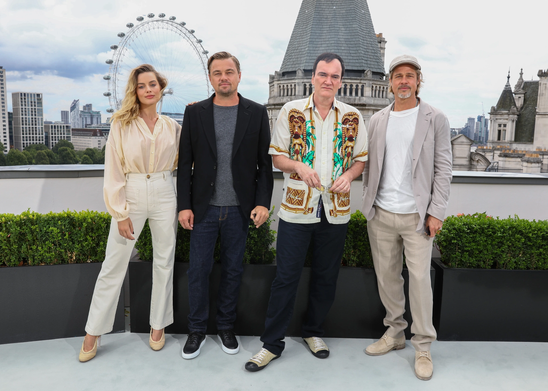 Brad Pitt, Leonardo DiCaprio, Quentin Tarantino, and Margot Robbie at an event for Once Upon a Time in Hollywood (2019)