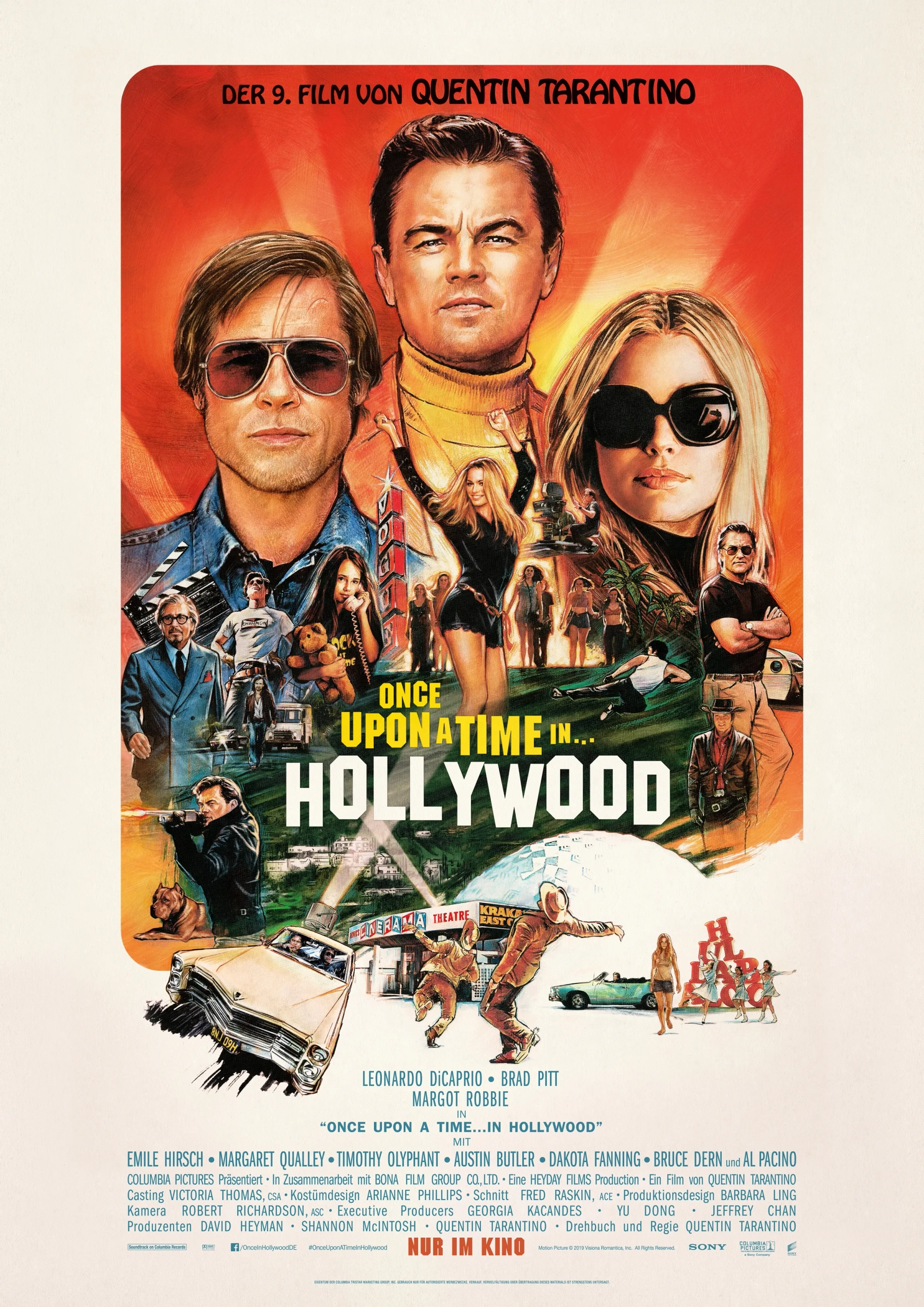 Brad Pitt, Leonardo DiCaprio, Al Pacino, Kurt Russell, Damon Herriman, Timothy Olyphant, Mike Moh, Margot Robbie, Margaret Qualley, and Julia Butters in Once Upon a Time in Hollywood (2019)