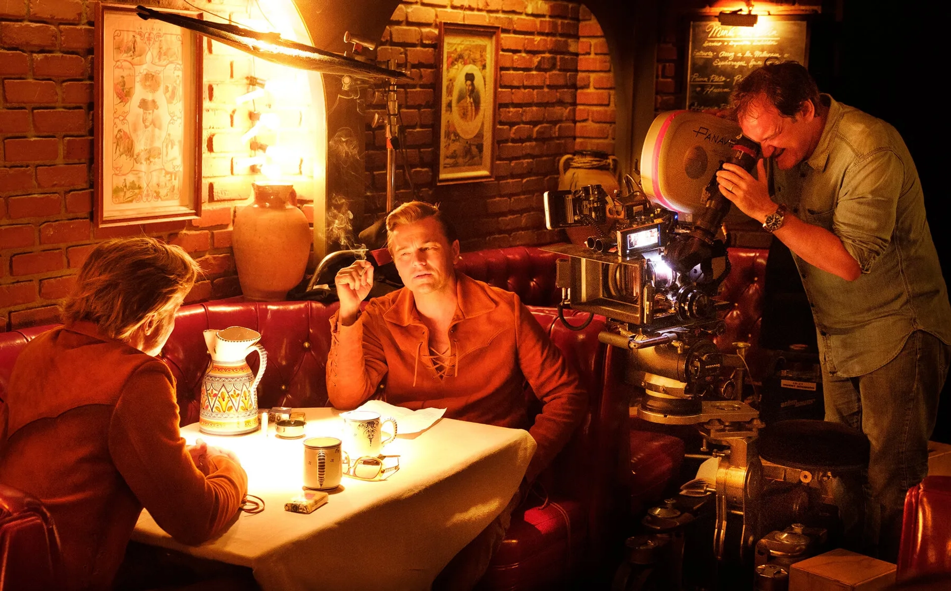 Brad Pitt, Leonardo DiCaprio, and Quentin Tarantino in Once Upon a Time in Hollywood (2019)