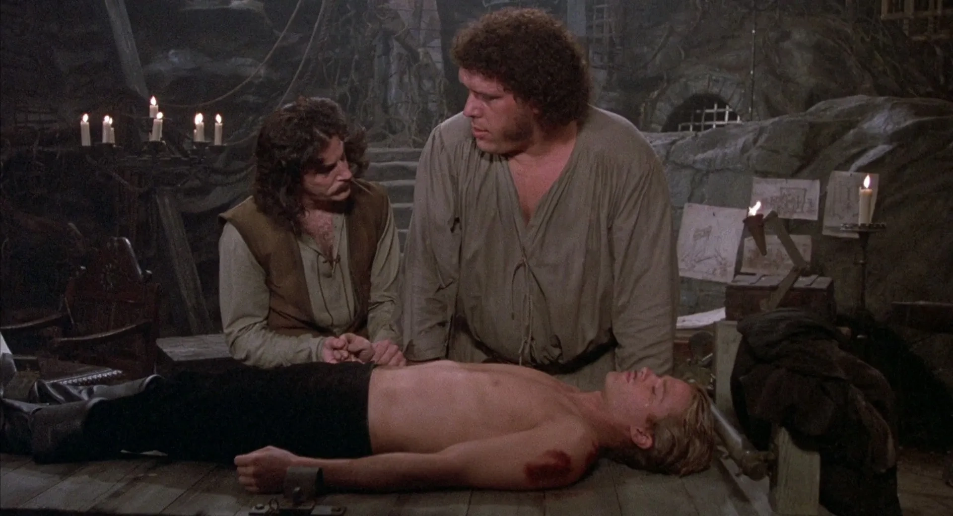 Cary Elwes, André René Roussimoff, and Mandy Patinkin in The Princess Bride (1987)