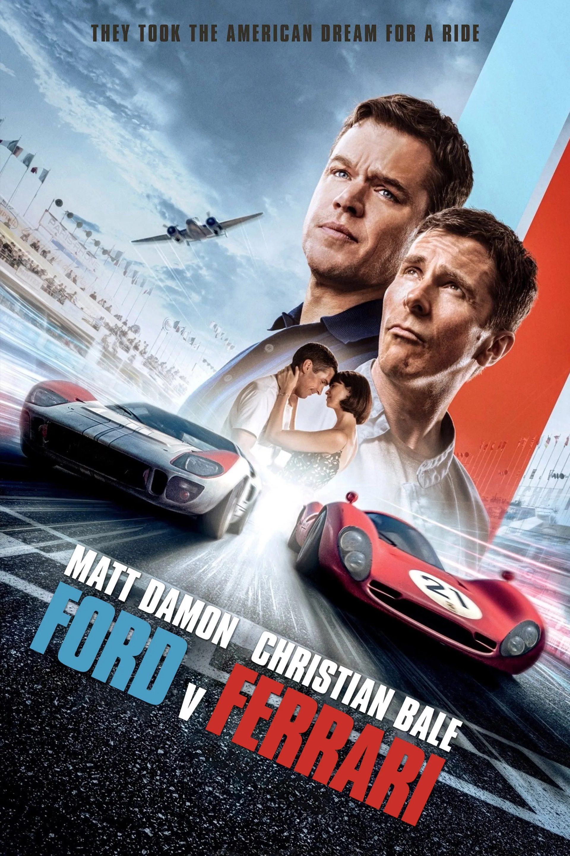 Christian Bale, Matt Damon, and Caitríona Balfe in Ford v Ferrari (2019)