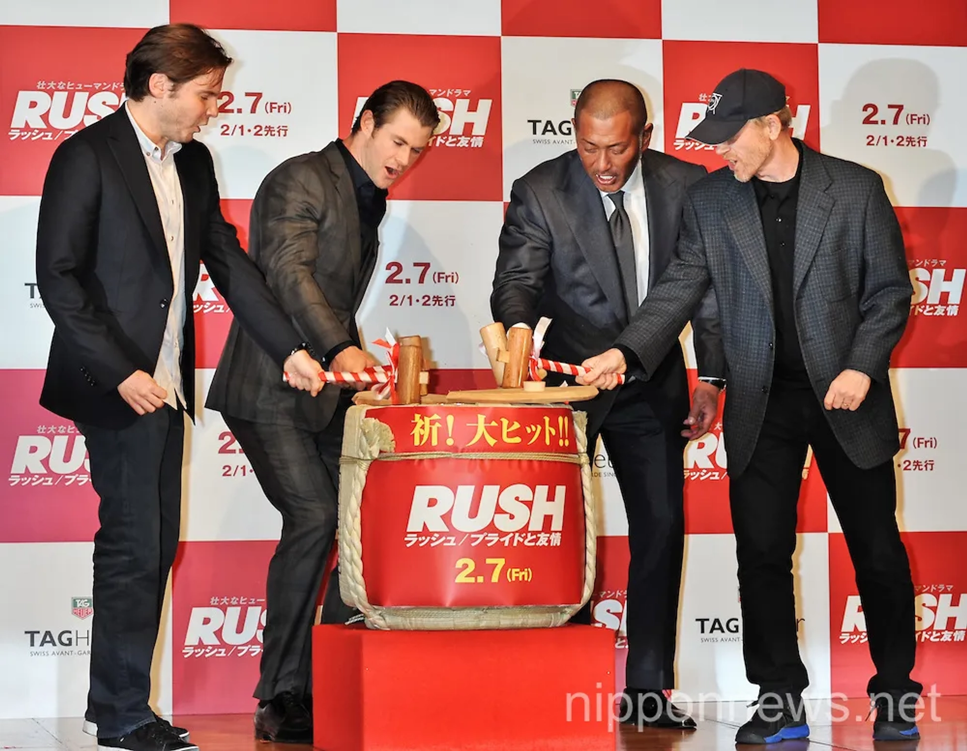 Ron Howard, Daniel Brühl, Chris Hemsworth, and Kazuhiro Kiyohara at an event for Rush (2013)