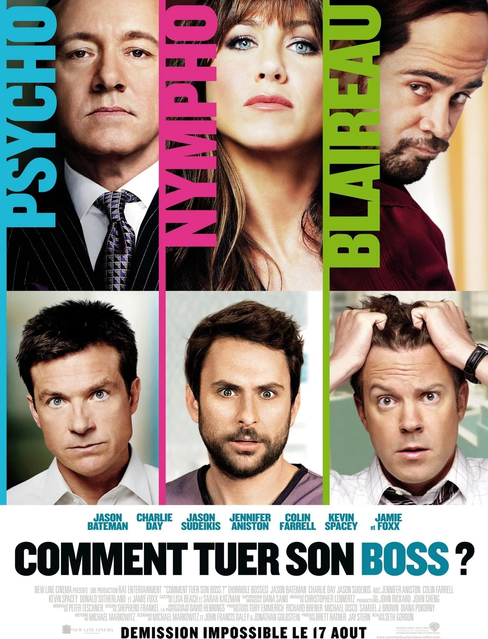 Jennifer Aniston, Kevin Spacey, Jason Bateman, Charlie Day, Colin Farrell, and Jason Sudeikis in Horrible Bosses (2011)