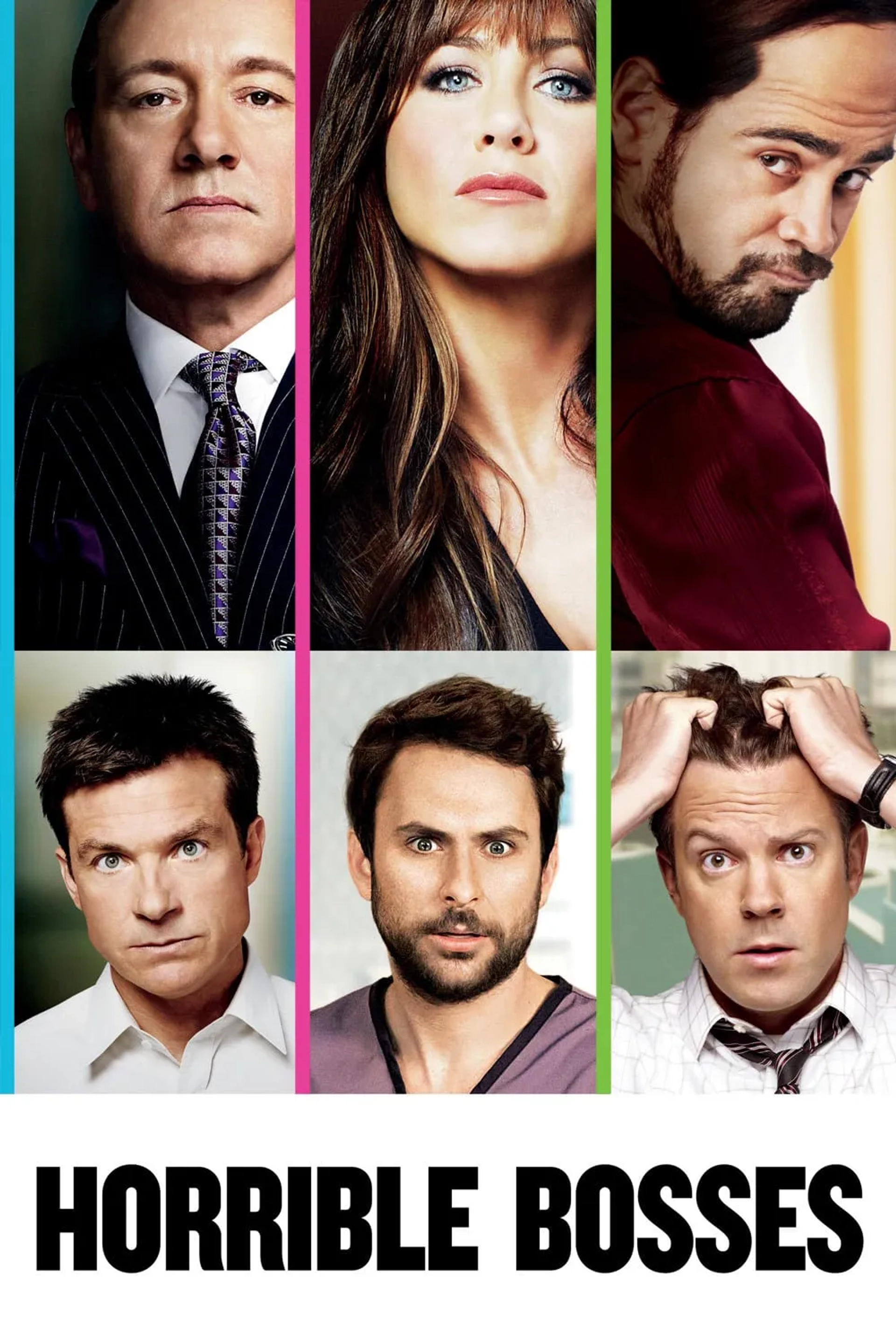 Jennifer Aniston, Kevin Spacey, Jason Bateman, Charlie Day, Colin Farrell, and Jason Sudeikis in Horrible Bosses (2011)