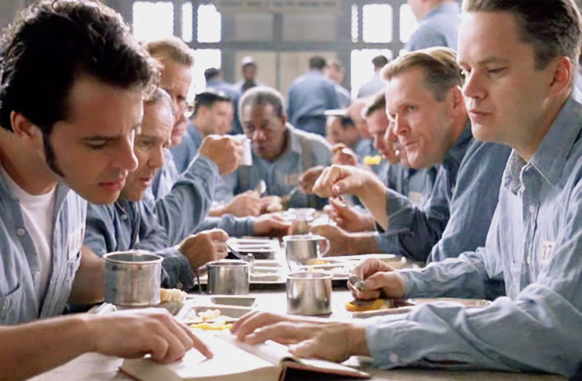 Morgan Freeman, Tim Robbins, Gil Bellows, William Sadler, Larry Brandenburg, Neil Giuntoli, and Brian Libby in The Shawshank Redemption (1994)