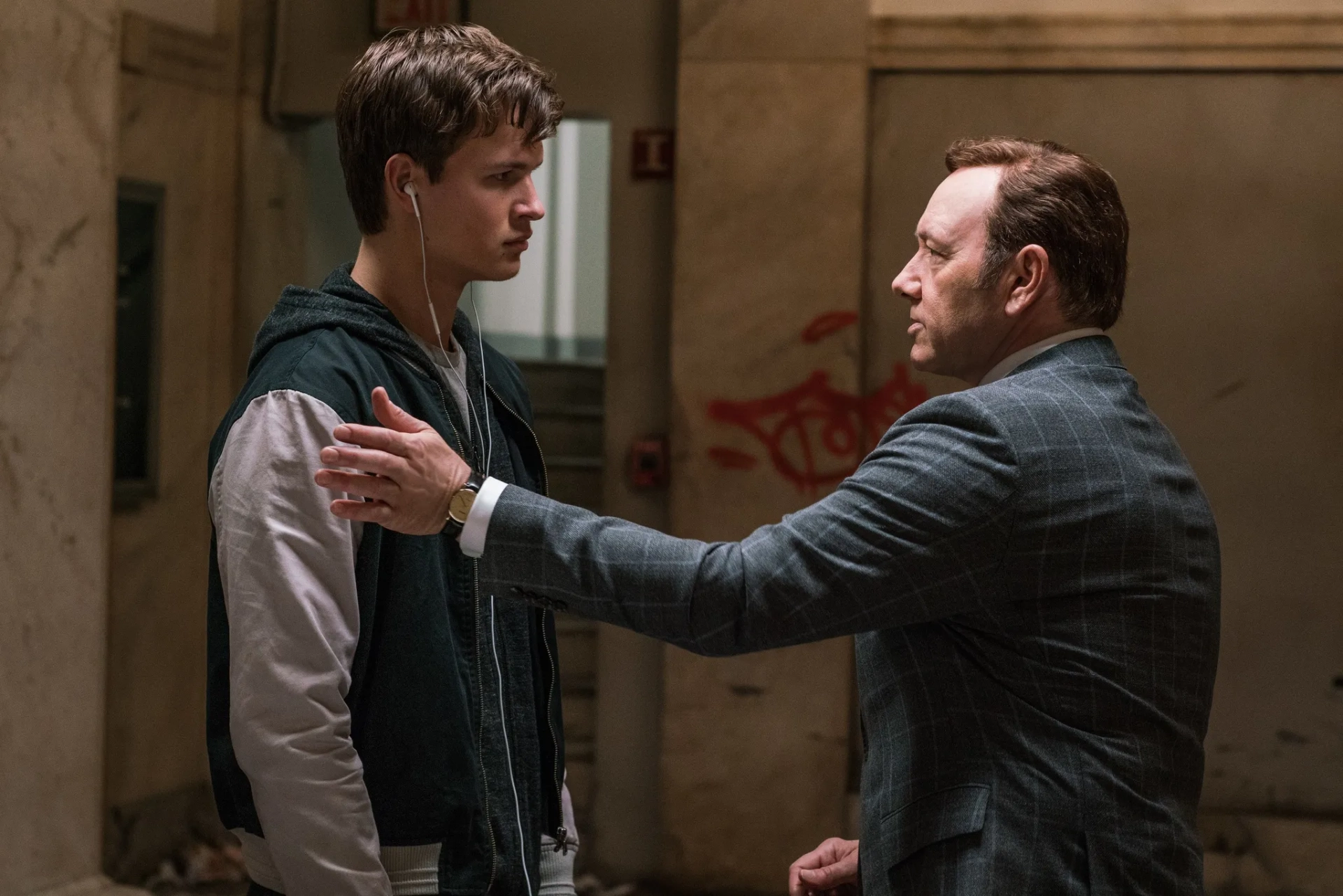 Kevin Spacey and Ansel Elgort in Baby Driver (2017)