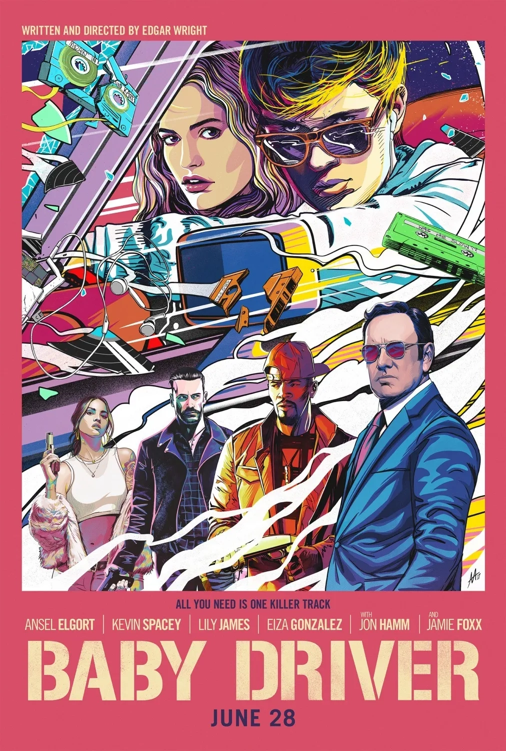 Kevin Spacey, Jamie Foxx, Jon Hamm, Eiza González, Lily James, and Ansel Elgort in Baby Driver (2017)