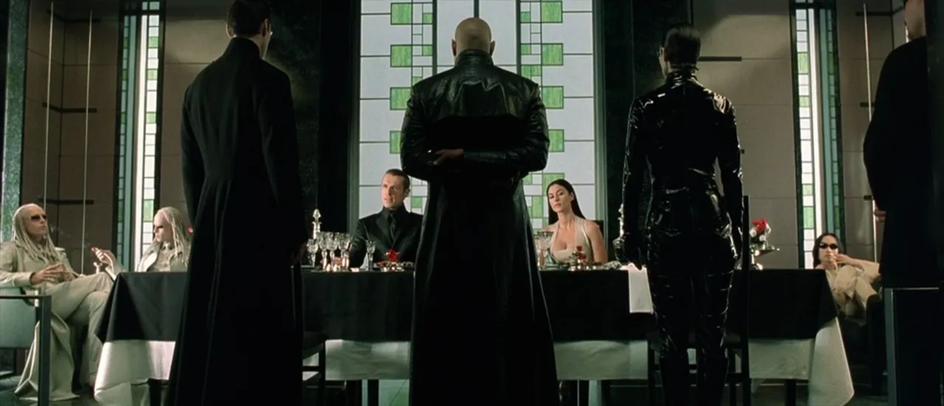 Keanu Reeves, Laurence Fishburne, Monica Bellucci, Carrie-Anne Moss, Lambert Wilson, Adrian Rayment, and Neil Rayment in The Matrix Reloaded (2003)