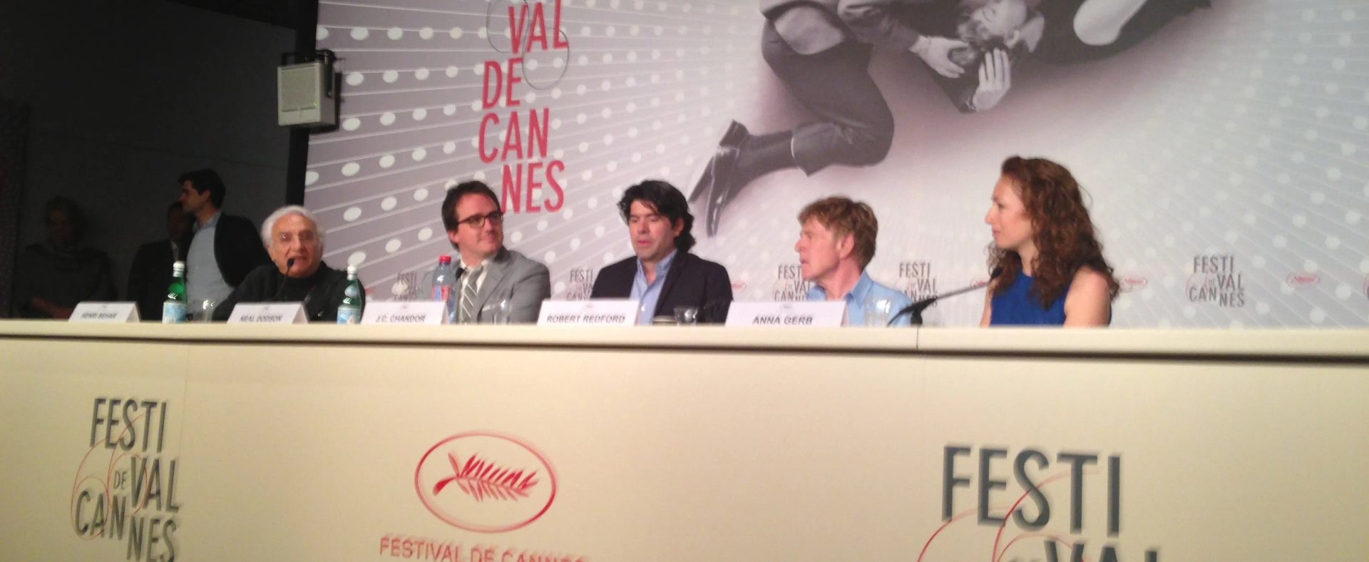 Producer Neal Dodson, director/writer J.C. Chandor, actor Robert Redford, and producer Anna Gerb at the Cannes Film Festival press conference for "ALL IS LOST"