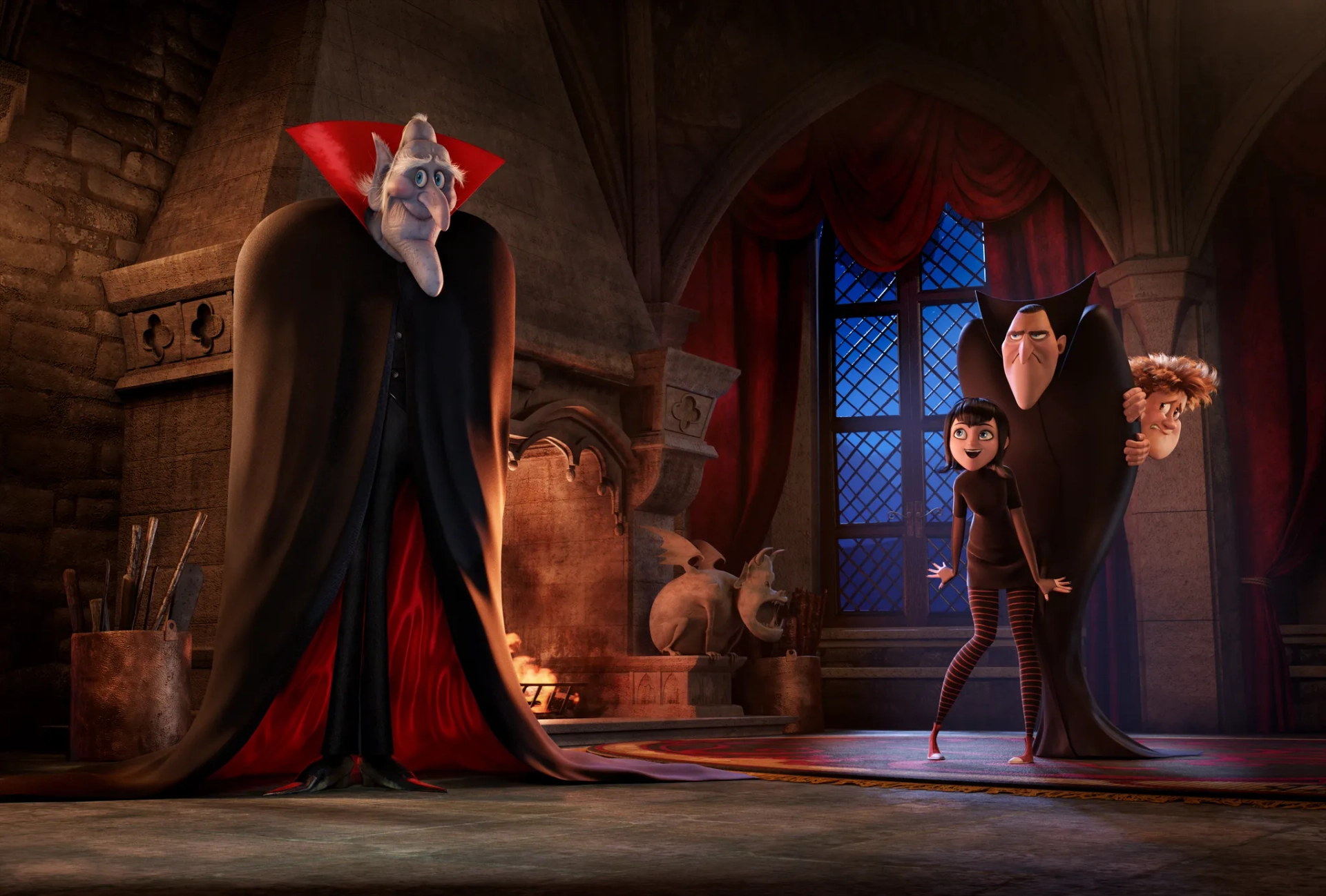 Mel Brooks, Adam Sandler, Selena Gomez, and Andy Samberg in Hotel Transylvania 2 (2015)