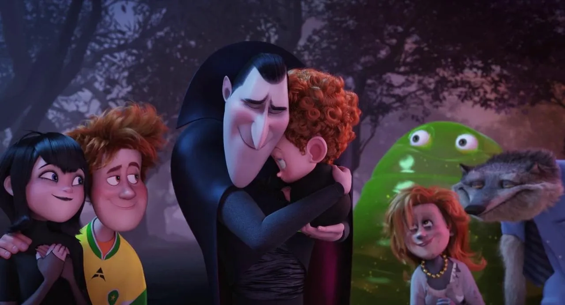 Steve Buscemi, Adam Sandler, Jonny Solomon, Selena Gomez, Andy Samberg, and Asher Blinkoff in Hotel Transylvania 2 (2015)