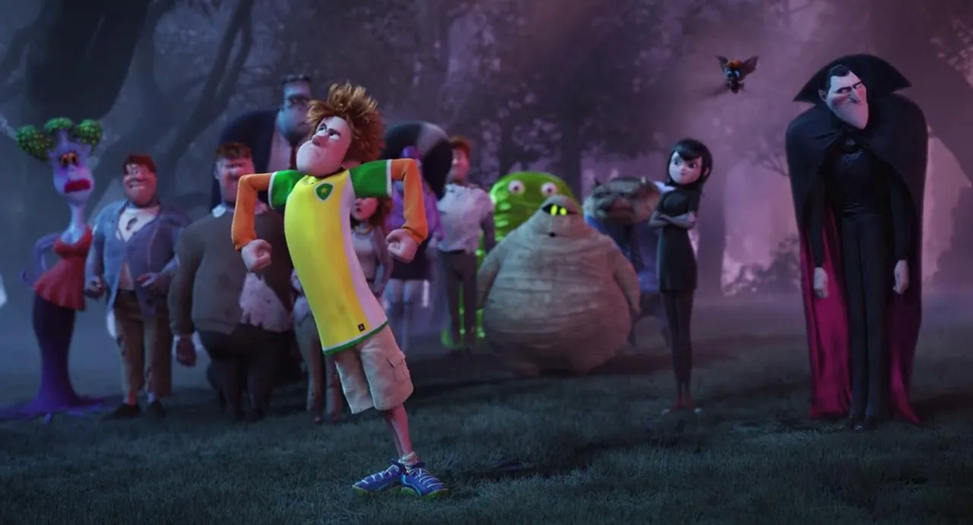 Steve Buscemi, Fran Drescher, Adam Sandler, Megan Mullally, Kevin James, Nick Offerman, Jonny Solomon, Nick Swardson, Keegan-Michael Key, Selena Gomez, Andy Samberg, and Asher Blinkoff in Hotel Transylvania 2 (2015)