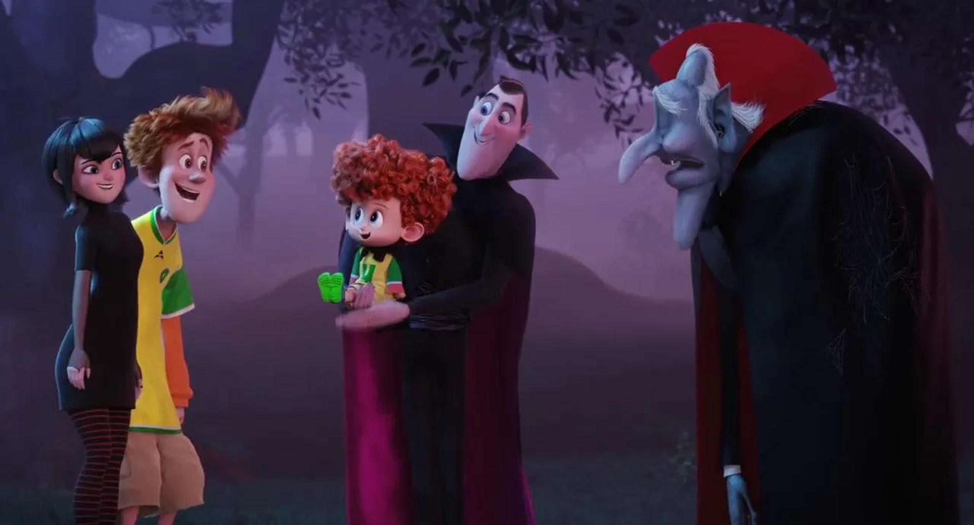 Mel Brooks, Adam Sandler, Selena Gomez, Andy Samberg, and Asher Blinkoff in Hotel Transylvania 2 (2015)