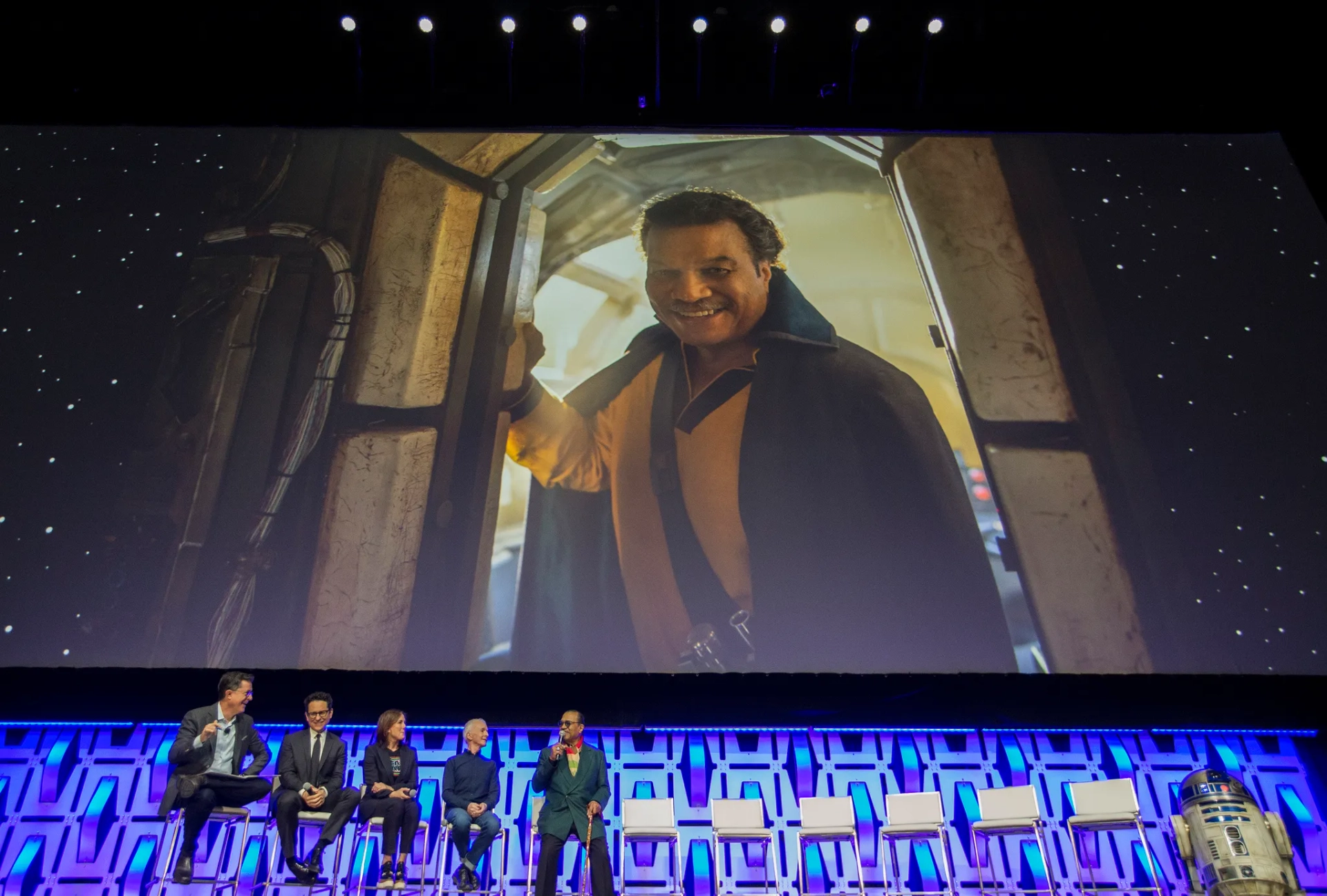 Anthony Daniels, Billy Dee Williams, Kathleen Kennedy, J.J. Abrams, Stephen Colbert, Hassan Taj, and Lee Towersey at an event for Star Wars: Episode IX - The Rise of Skywalker (2019)