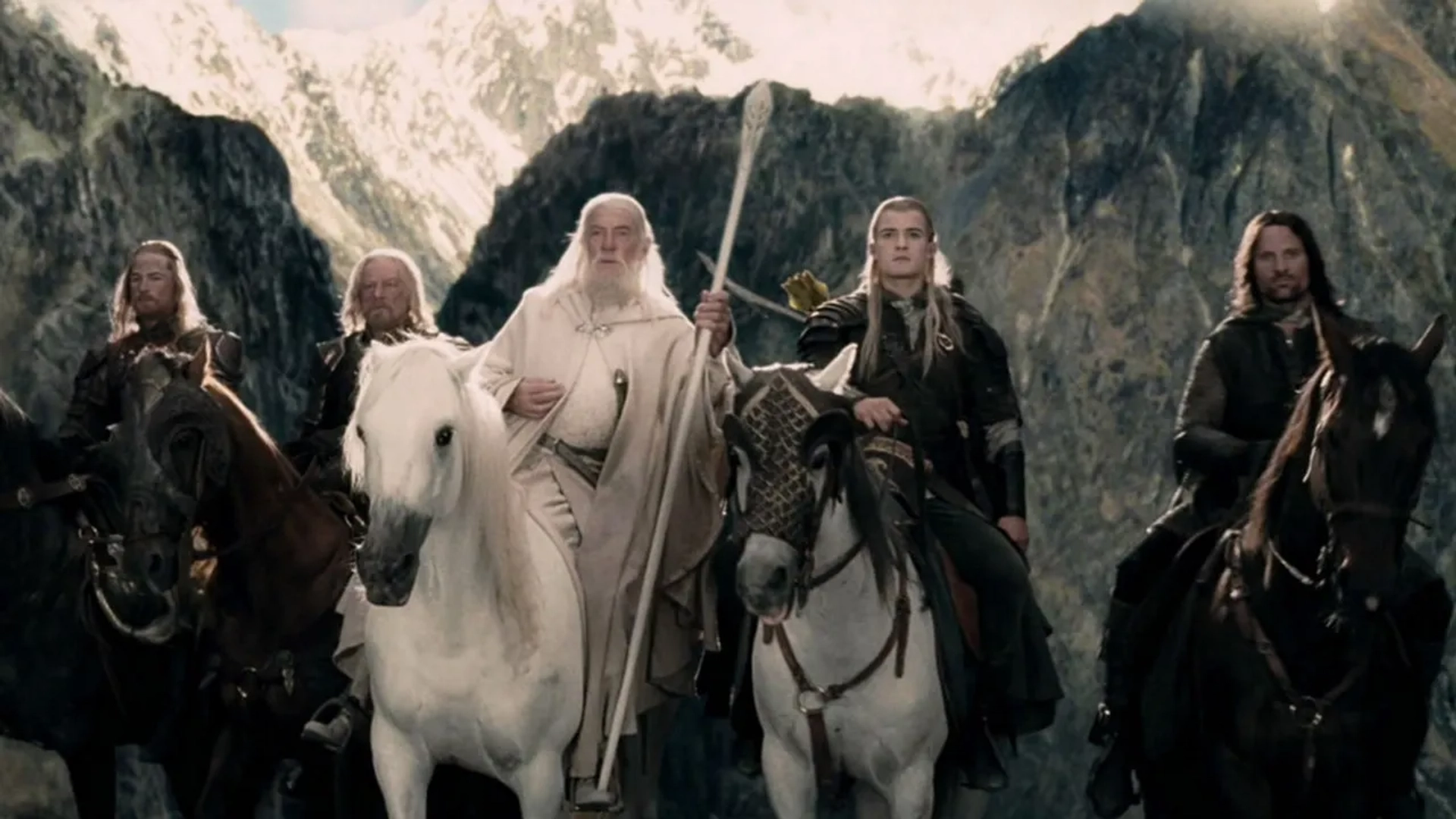 Viggo Mortensen, Ian McKellen, and Orlando Bloom in The Lord of the Rings: The Two Towers (2002)