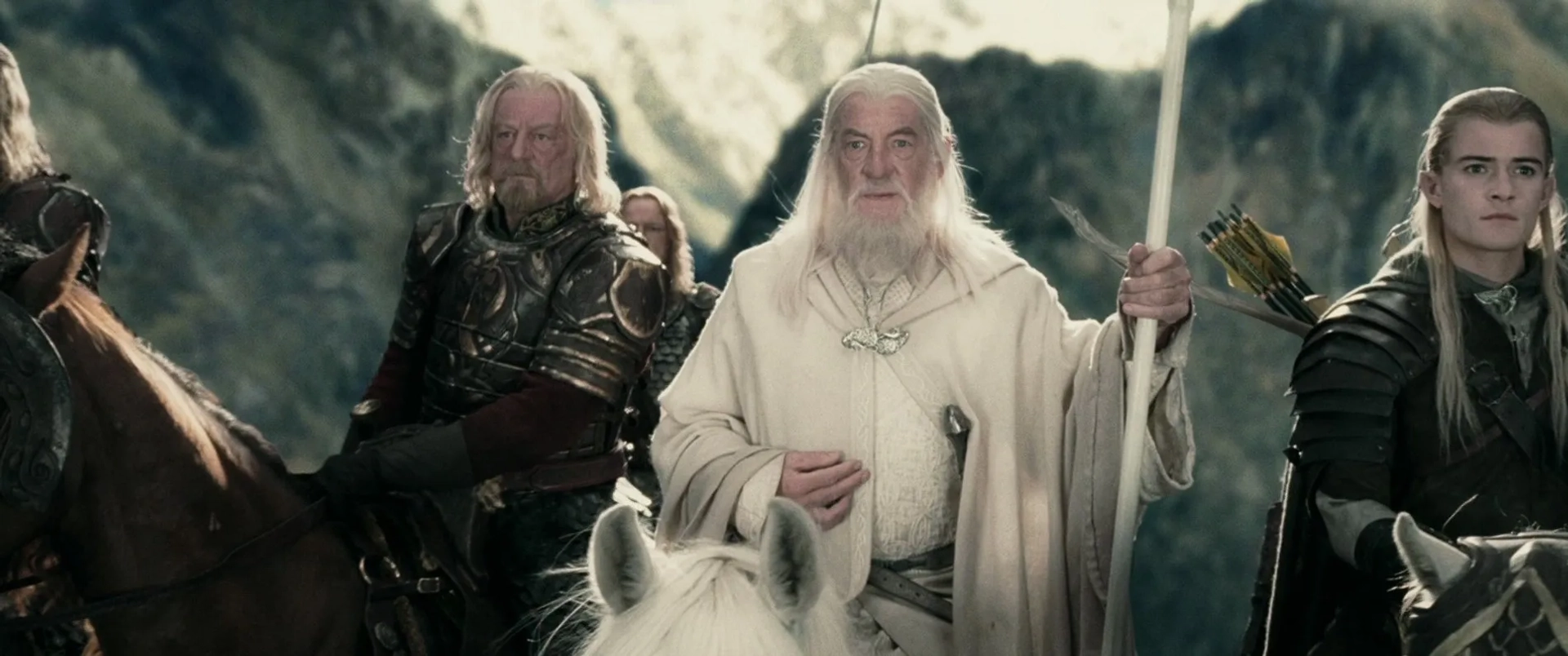 Ian McKellen, Orlando Bloom, Bernard Hill, and Bruce Hopkins in The Lord of the Rings: The Two Towers (2002)