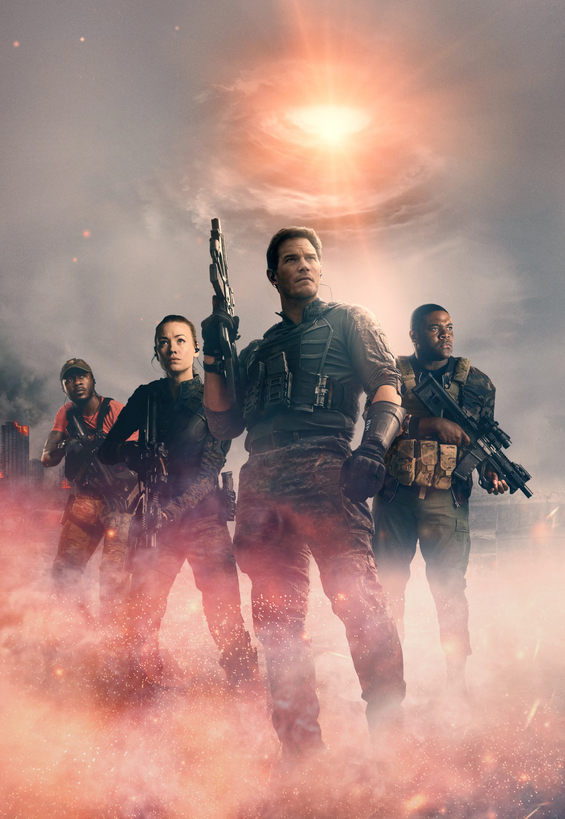 Edwin Hodge, Chris Pratt, Yvonne Strahovski, and Sam Richardson in The Tomorrow War (2021)