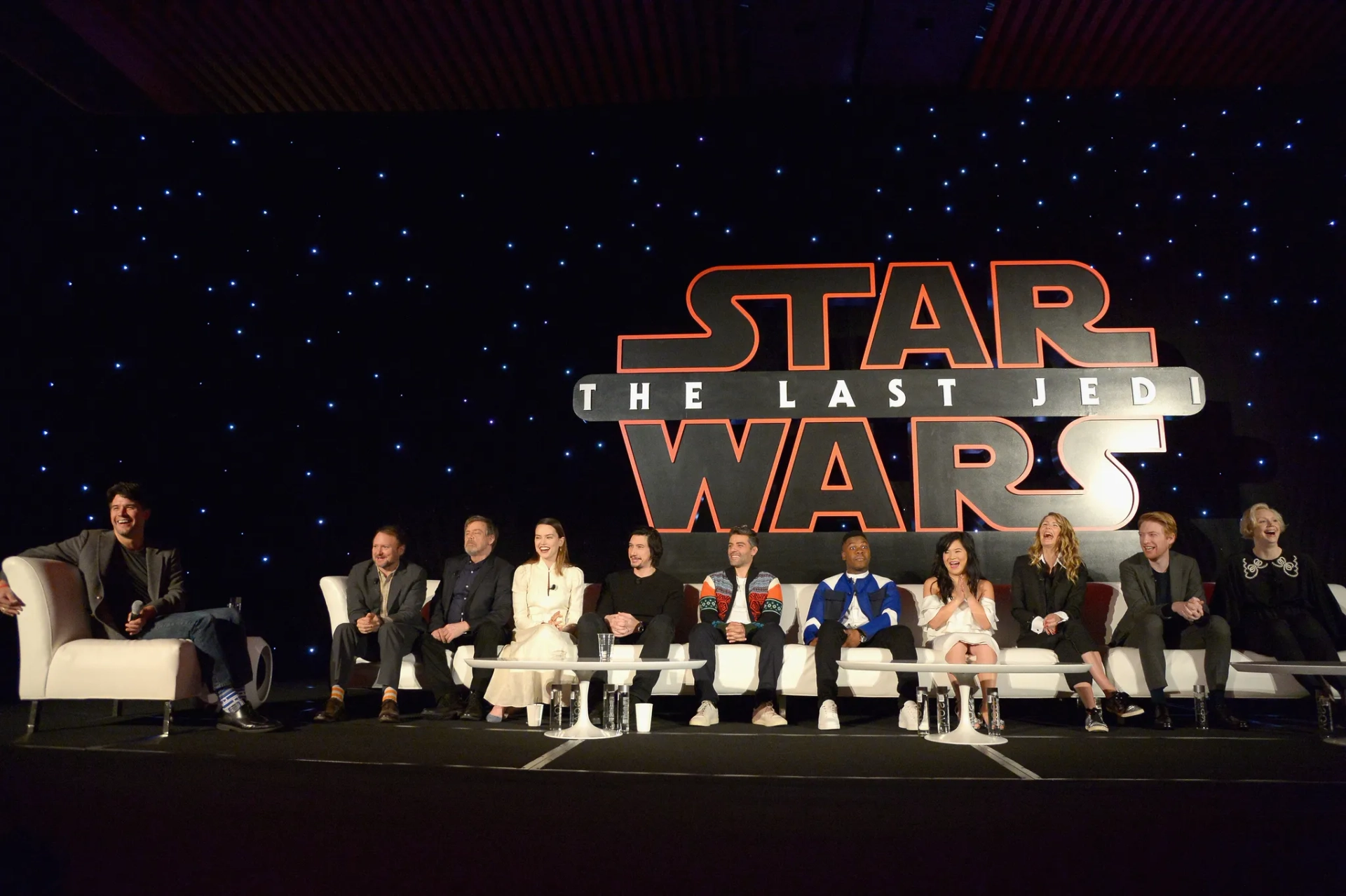 Laura Dern, Mark Hamill, Rian Johnson, Oscar Isaac, Domhnall Gleeson, Adam Driver, Gwendoline Christie, John Boyega, Kelly Marie Tran, and Daisy Ridley at an event for Star Wars: Episode VIII - The Last Jedi (2017)