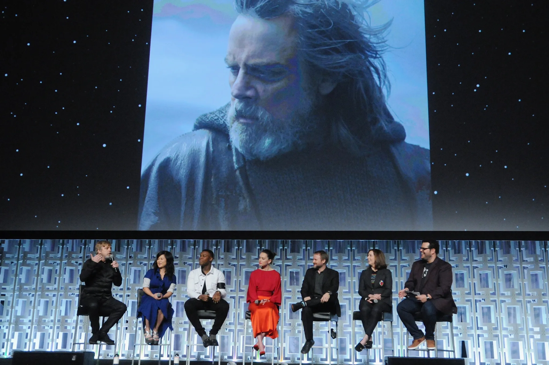 Mark Hamill, Kathleen Kennedy, Rian Johnson, Josh Gad, John Boyega, Kelly Marie Tran, and Daisy Ridley at an event for Star Wars: Episode VIII - The Last Jedi (2017)