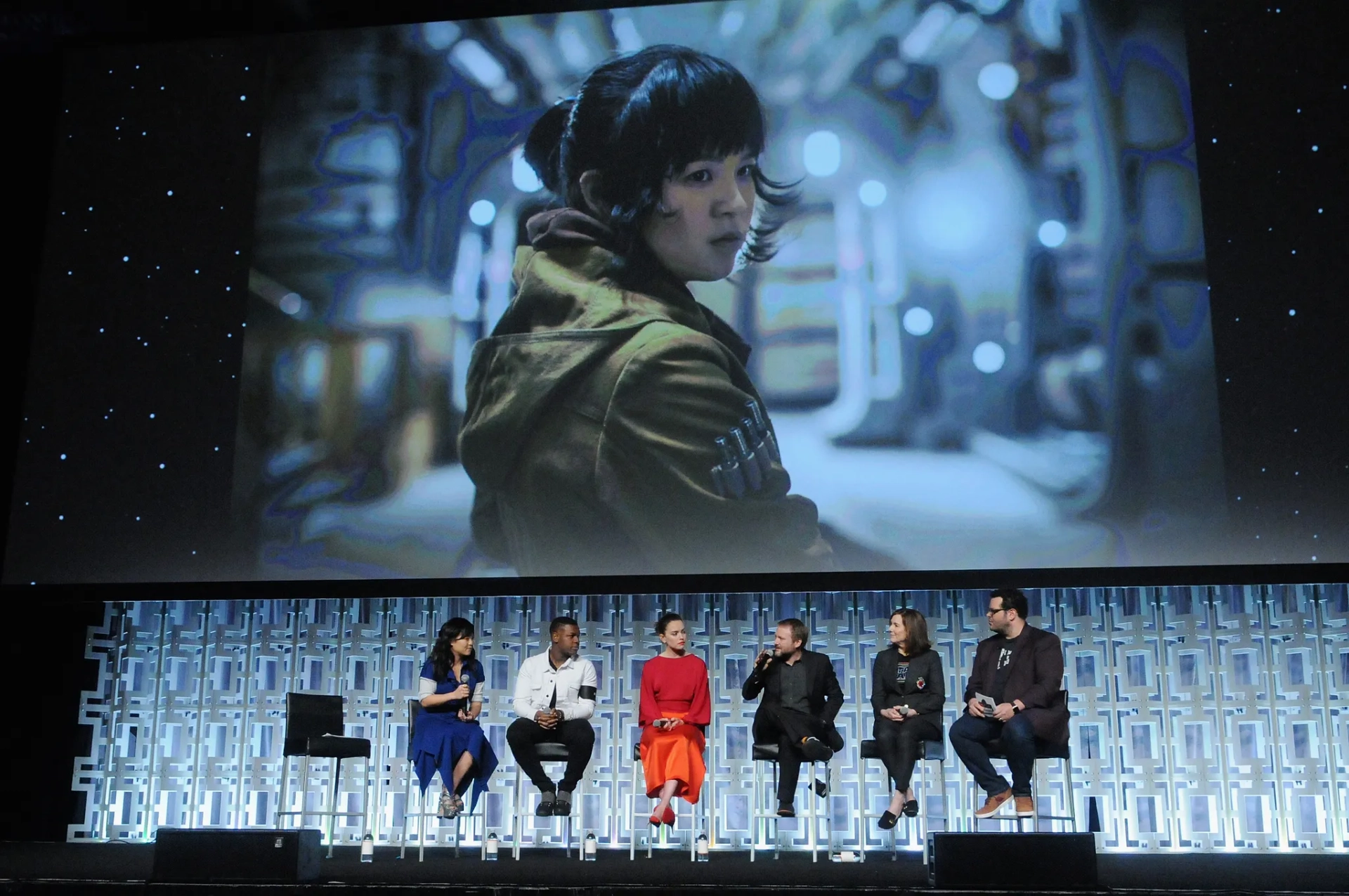 Kathleen Kennedy, Rian Johnson, Josh Gad, John Boyega, Kelly Marie Tran, and Daisy Ridley at an event for Star Wars: Episode VIII - The Last Jedi (2017)