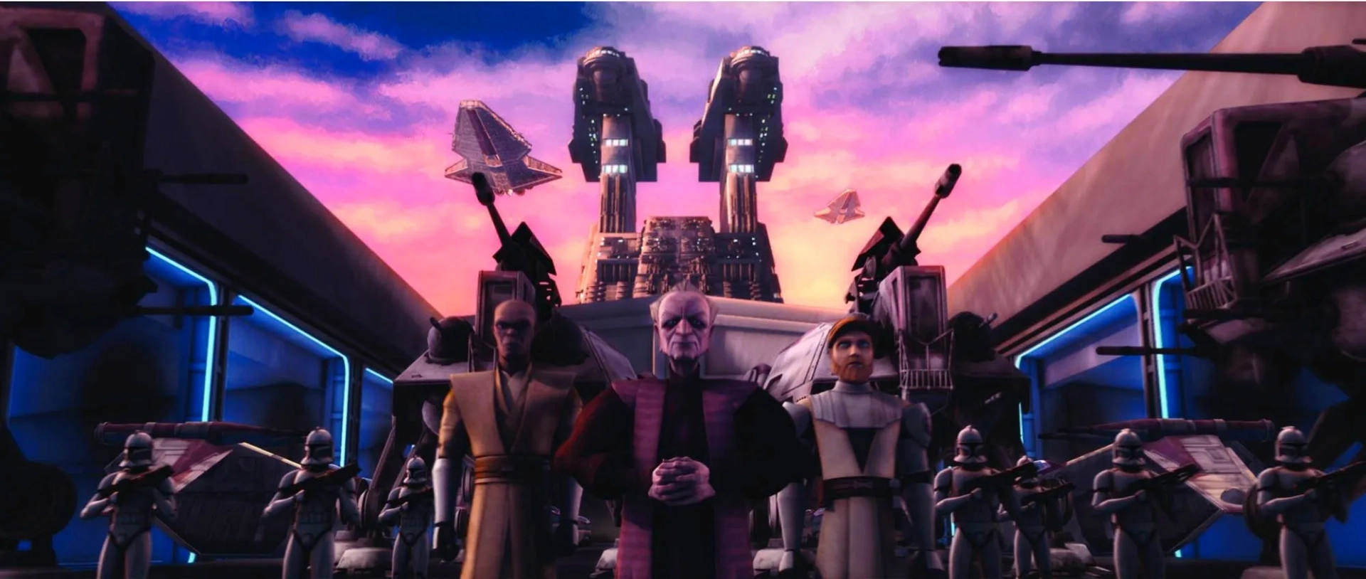 Samuel L. Jackson, Ian Abercrombie, Dee Bradley Baker, and James Arnold Taylor in Star Wars: The Clone Wars (2008)