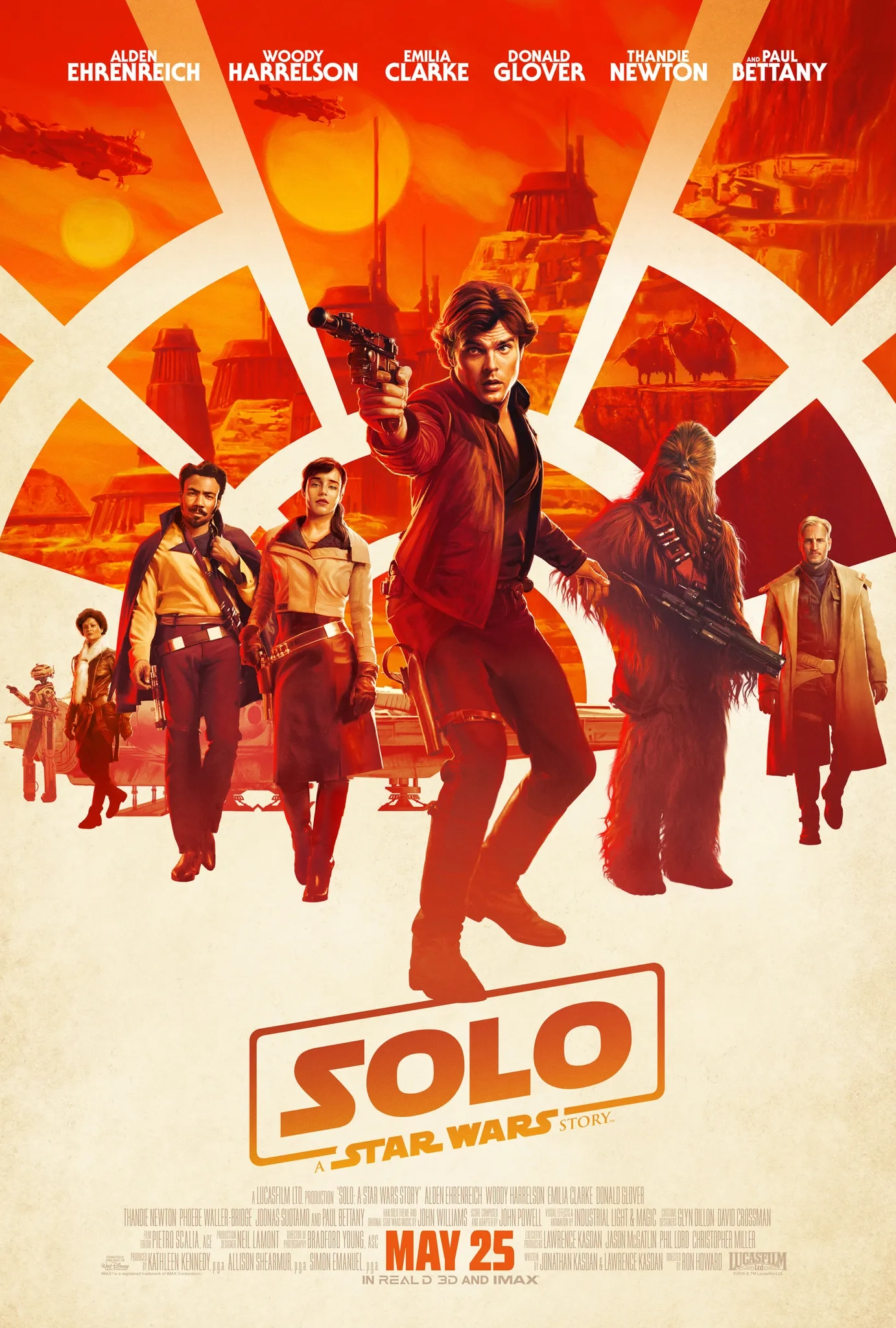 Woody Harrelson, Paul Bettany, Thandiwe Newton, Donald Glover, Alden Ehrenreich, Phoebe Waller-Bridge, Emilia Clarke, Charlotte Louise, and Joonas Suotamo in Solo: A Star Wars Story (2018)