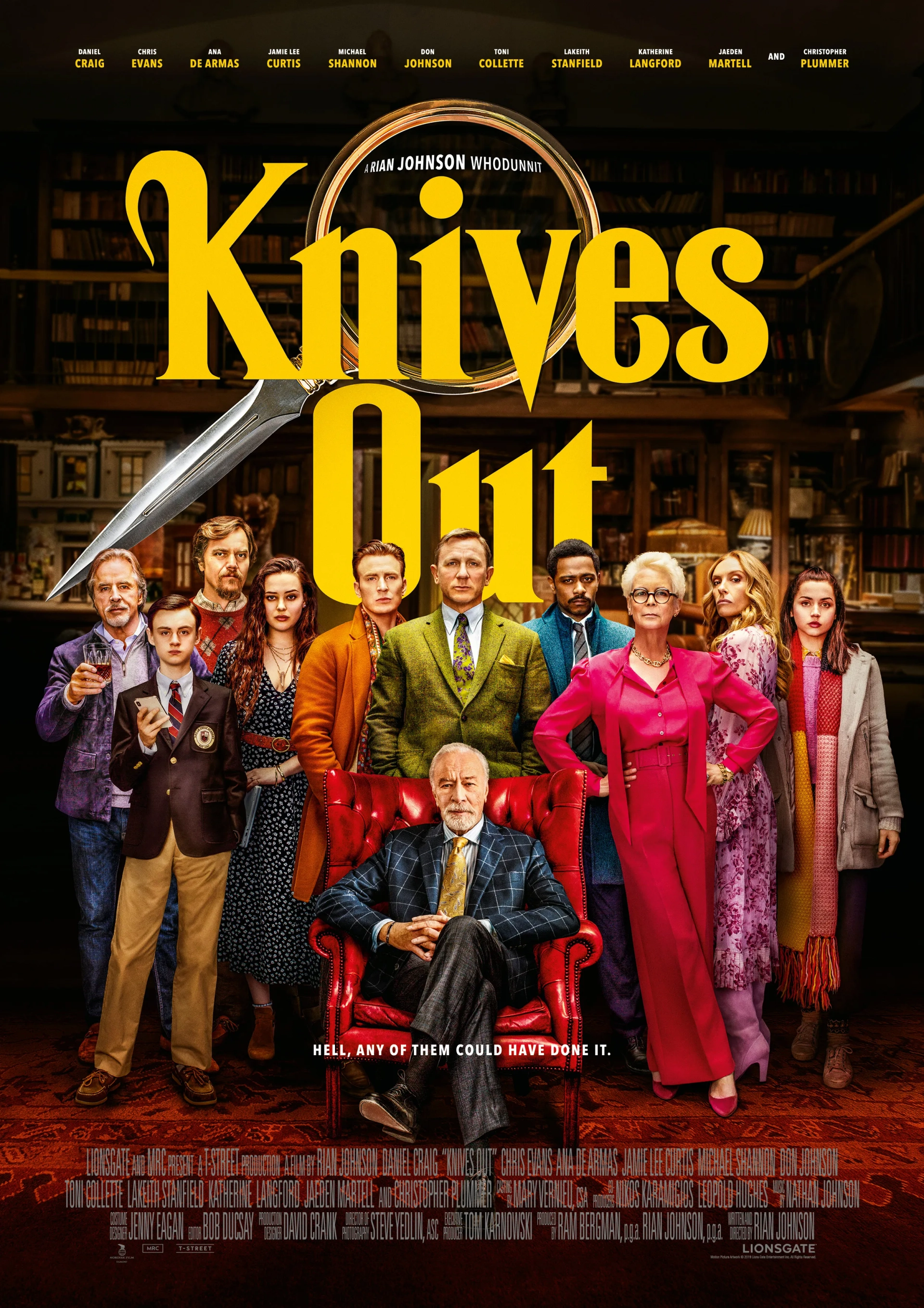 Jamie Lee Curtis, Don Johnson, Toni Collette, Christopher Plummer, Daniel Craig, Chris Evans, Michael Shannon, Ana de Armas, LaKeith Stanfield, Jaeden Martell, and Katherine Langford in Knives Out (2019)