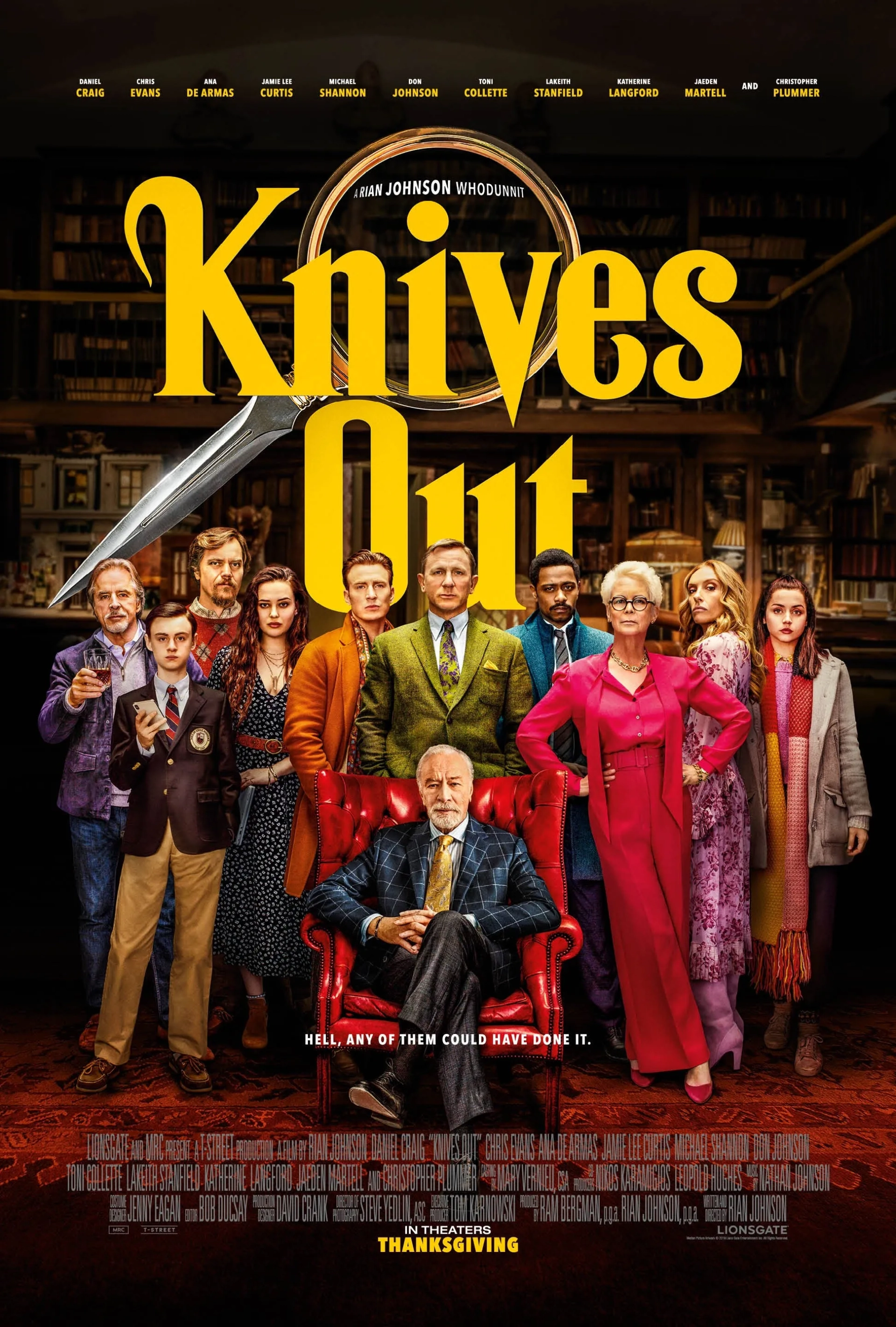 Jamie Lee Curtis, Don Johnson, Toni Collette, Christopher Plummer, Daniel Craig, Chris Evans, Michael Shannon, Ana de Armas, LaKeith Stanfield, Jaeden Martell, and Katherine Langford in Knives Out (2019)