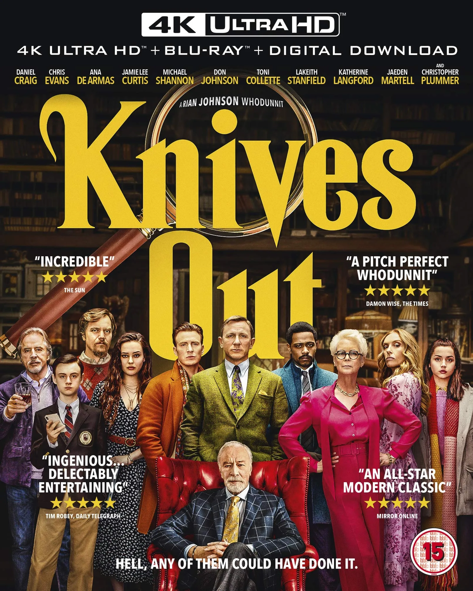 Jamie Lee Curtis, Don Johnson, Toni Collette, Christopher Plummer, Daniel Craig, Chris Evans, Michael Shannon, Ana de Armas, LaKeith Stanfield, Jaeden Martell, and Katherine Langford in Knives Out (2019)