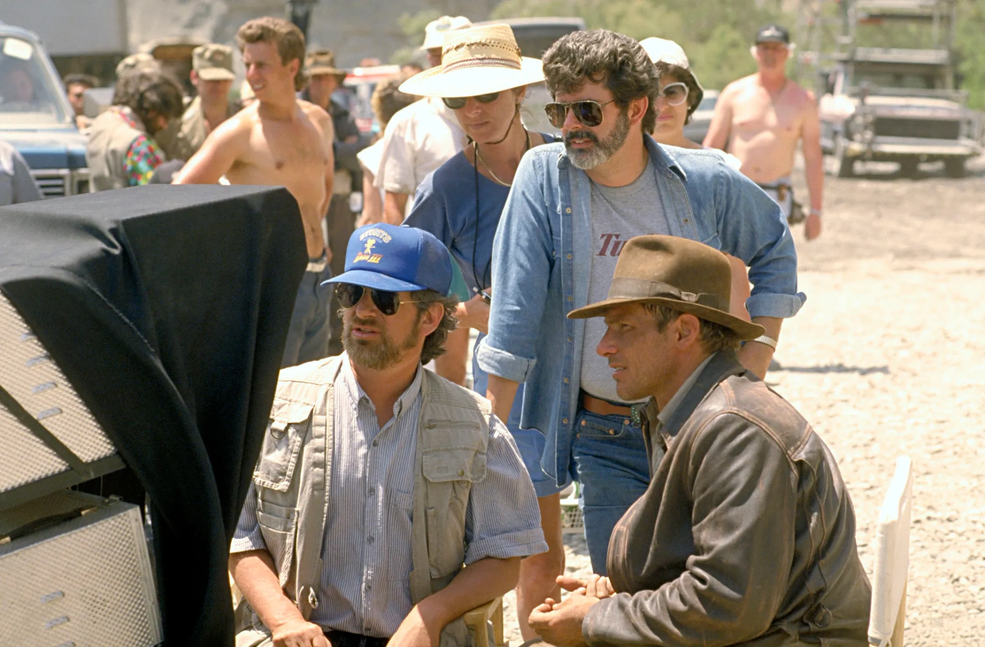 Harrison Ford, George Lucas, Steven Spielberg, and Kathleen Kennedy in Indiana Jones and the Last Crusade (1989)