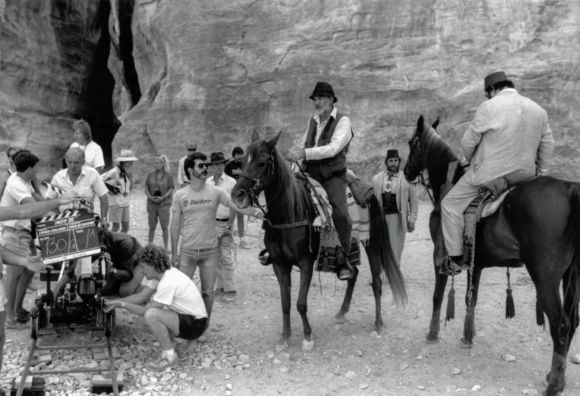 Sean Connery, George Lucas, and John Rhys-Davies in Indiana Jones and the Last Crusade (1989)