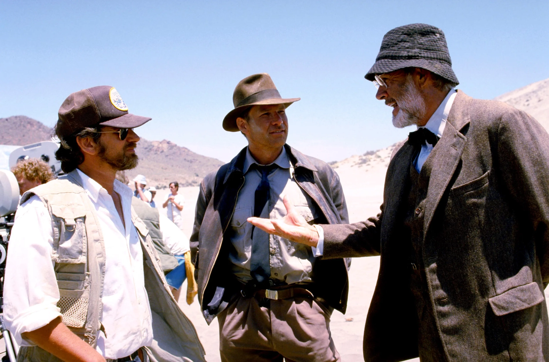 Sean Connery, Harrison Ford, and Steven Spielberg in Indiana Jones and the Last Crusade (1989)