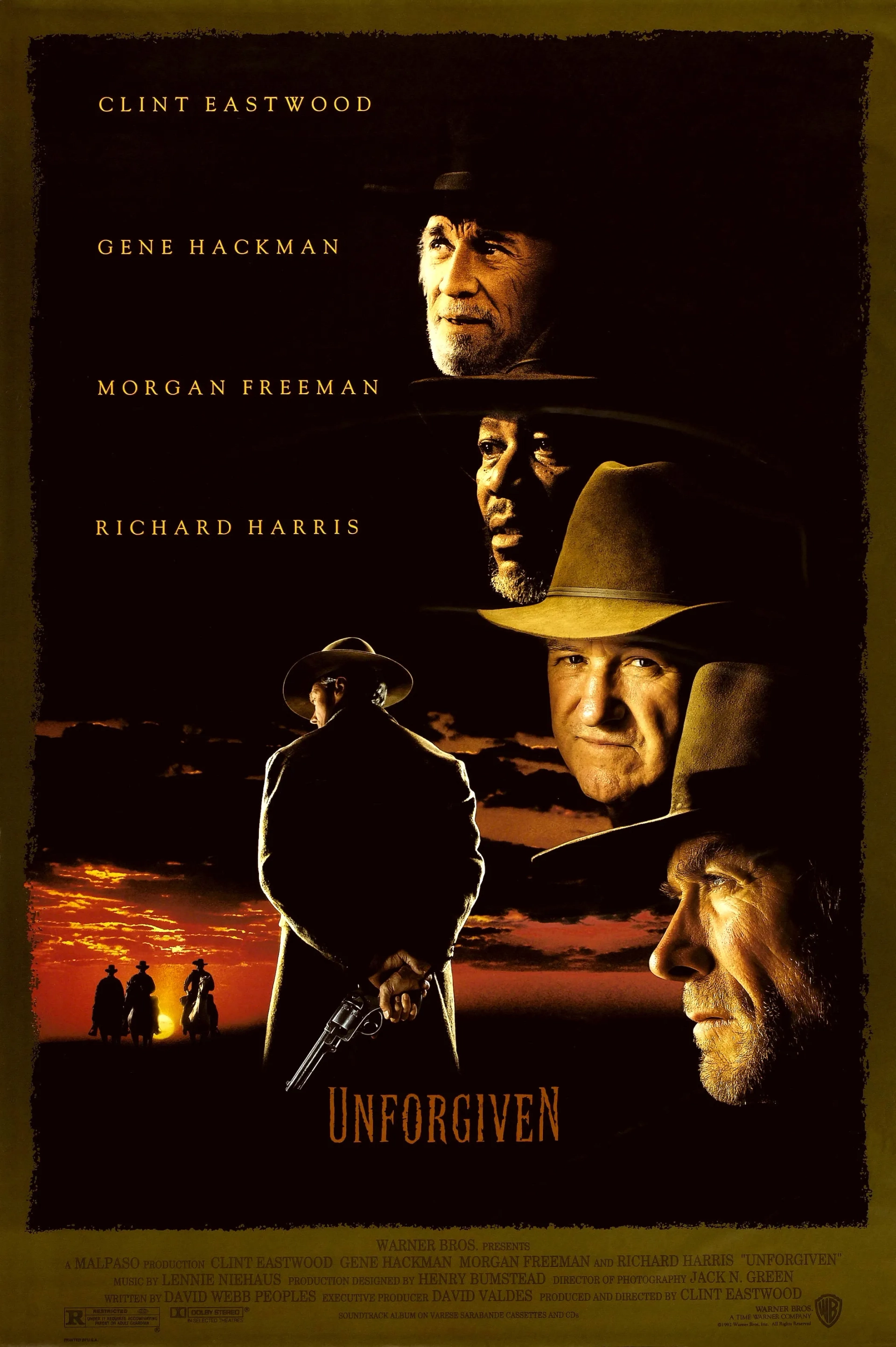 Clint Eastwood, Morgan Freeman, Gene Hackman, and Richard Harris in Unforgiven (1992)