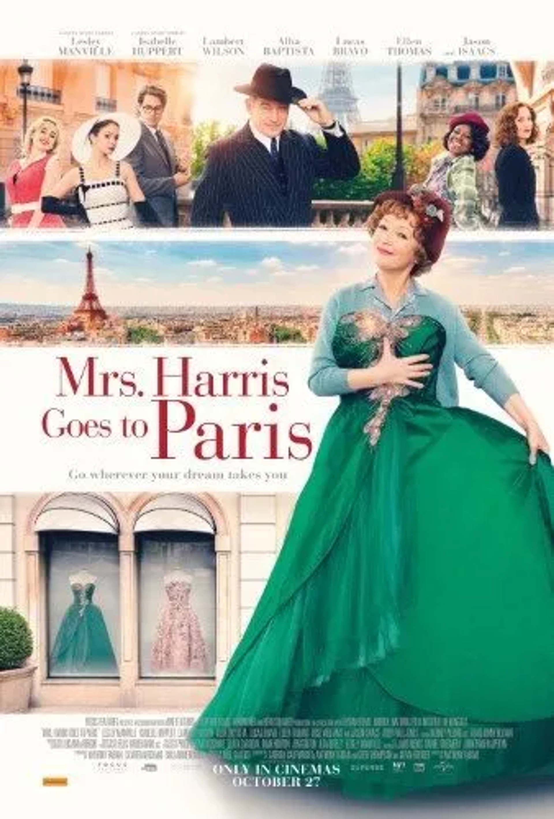 Isabelle Huppert, Jason Isaacs, Lesley Manville, Ellen Thomas, Alba Baptista, and Lucas Bravo in Mrs. Harris Goes to Paris (2022)