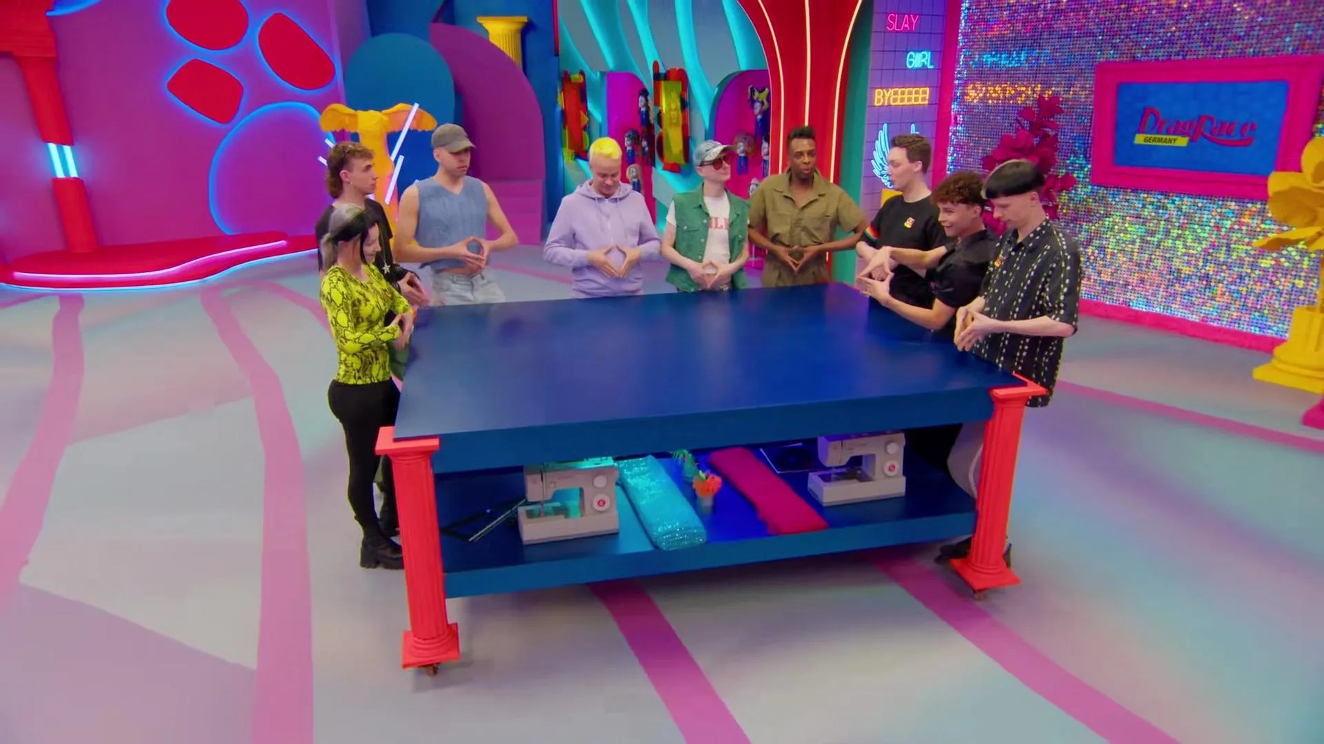 Kelly Heelton, Lélé Cocoon, Loreley Rivers, Metamorkid, Nikita Vegaz, Lorenzo Cicirò, Yvonne Nightstand, Victoria Shakespears, and Pandora Nox in Drag Race Germany (2023)