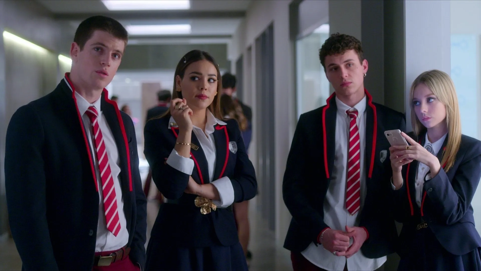 Danna Paola, Arón Piper, Ester Expósito, and Miguel Bernardeau in Elite (2018)