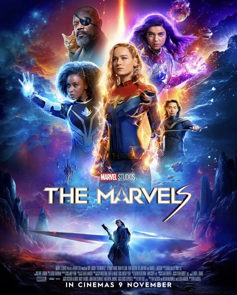 Samuel L. Jackson, Brie Larson, Iman Vellani, Zawe Ashton, Teyonah Parris, and Park Seo-joon in The Marvels (2023)